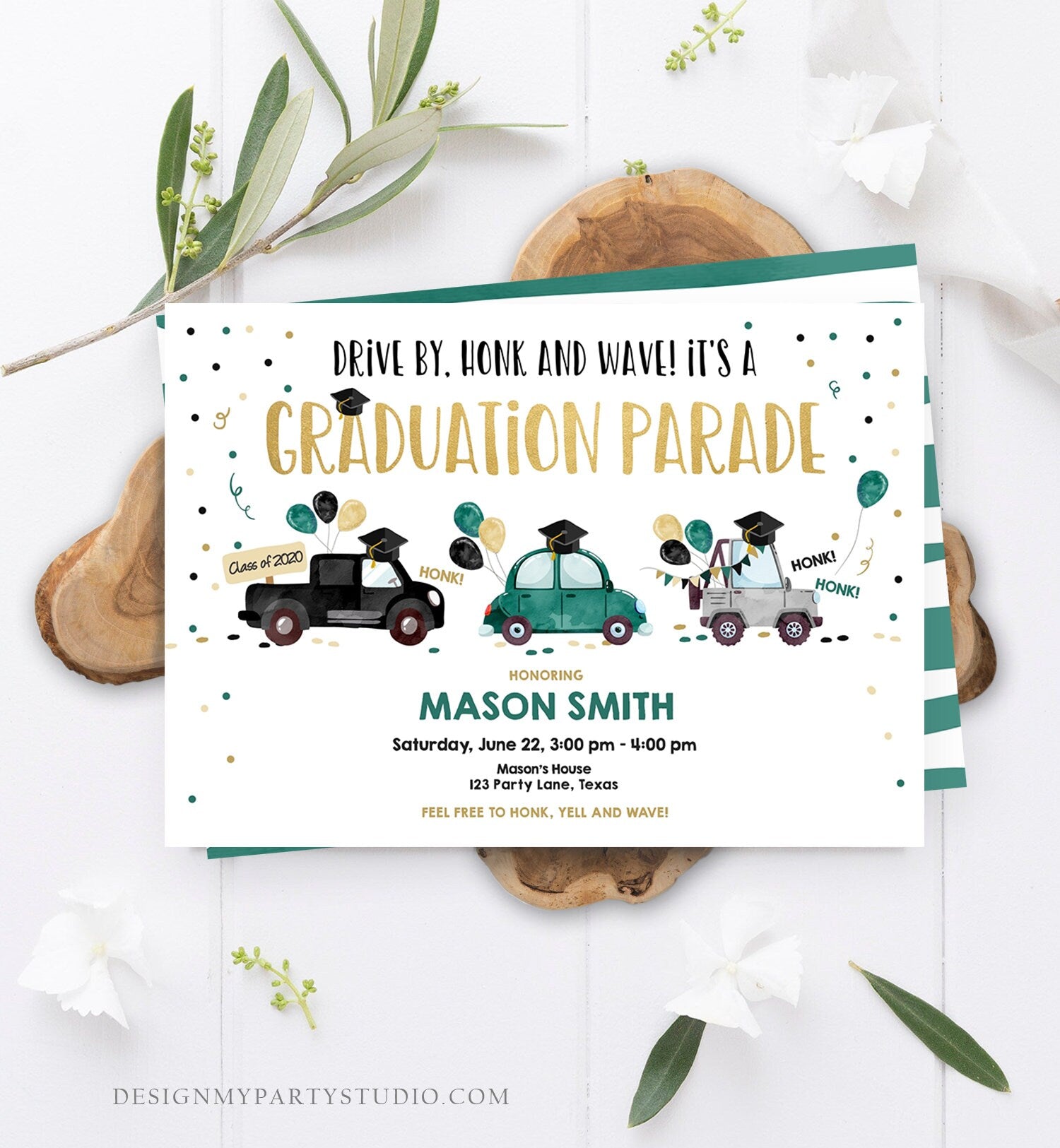 Editable Drive By Graduation Parade Invitation Virtual Party Green Girl Boy Graduate High School Grad Class 2021 Quarantine Corjl 0337