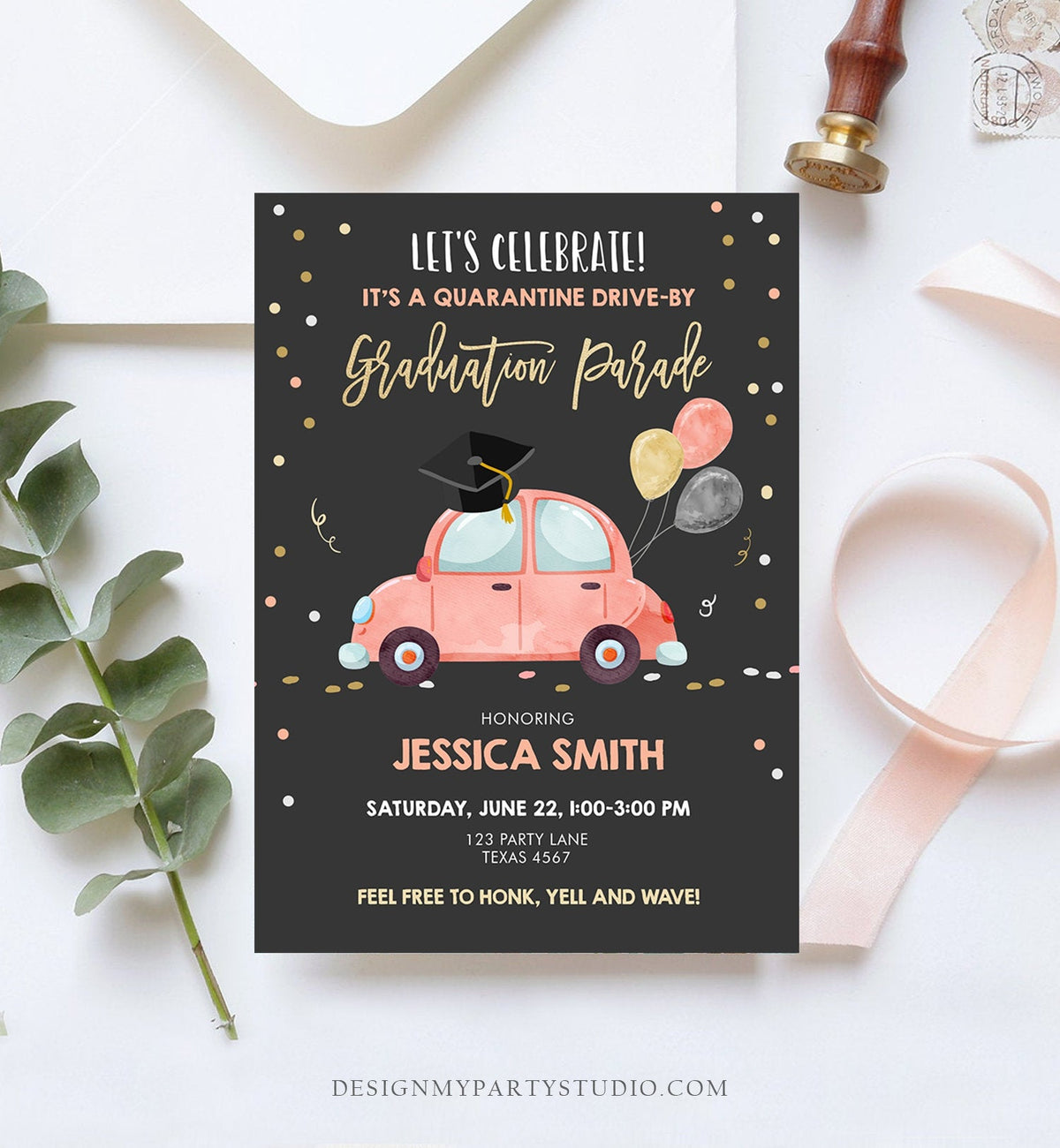 Editable Drive By Graduation Parade Invitation Virtual Party Coral Girl Graduate High School Grad Class 2020 Quarantine Digital Corjl 0337