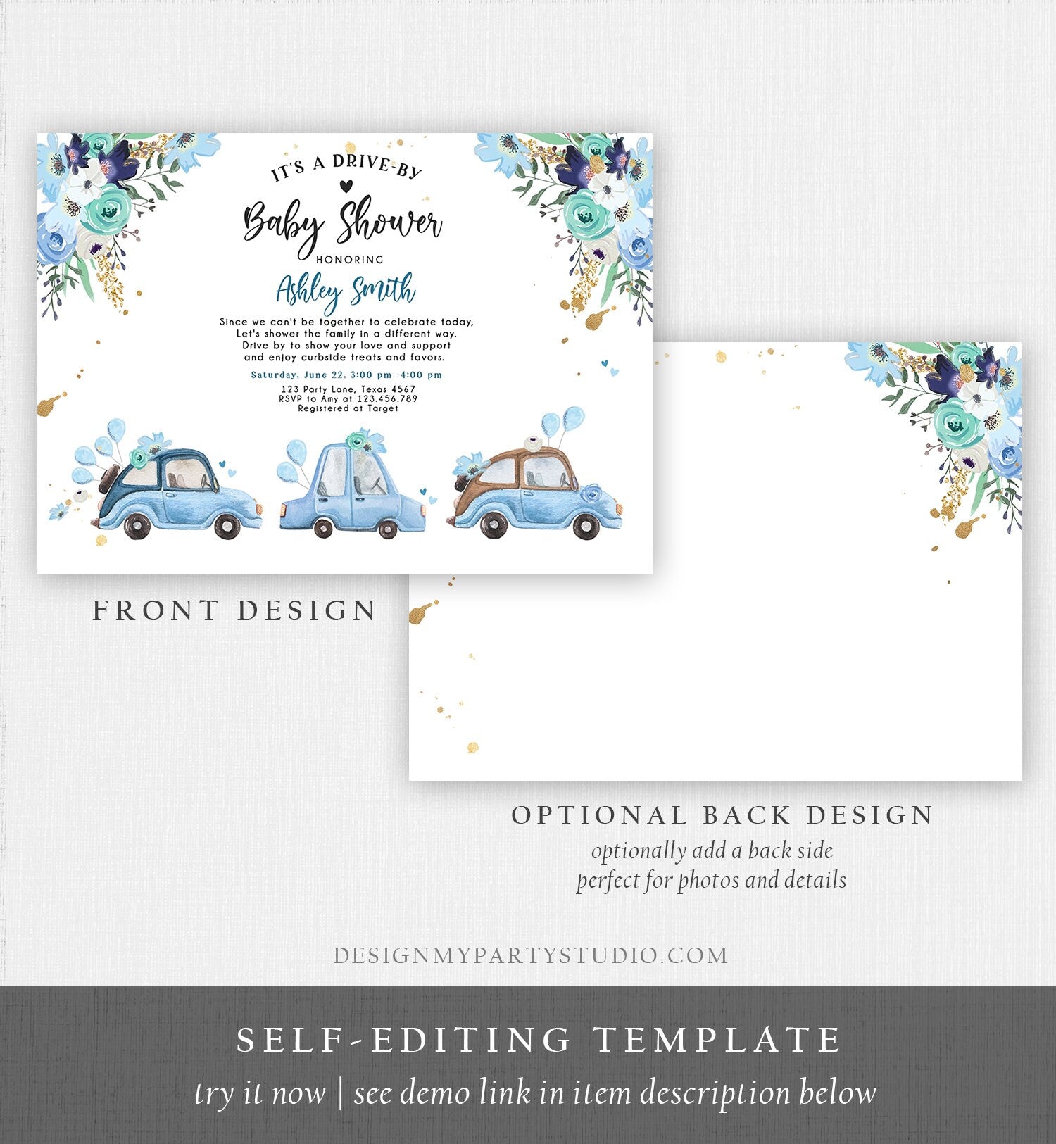 Editable Drive By Baby Shower Invitation Navy Blue Floral Boy Coed Shower Quarantine Drive Through Sprinkle Template Download Corjl 0335