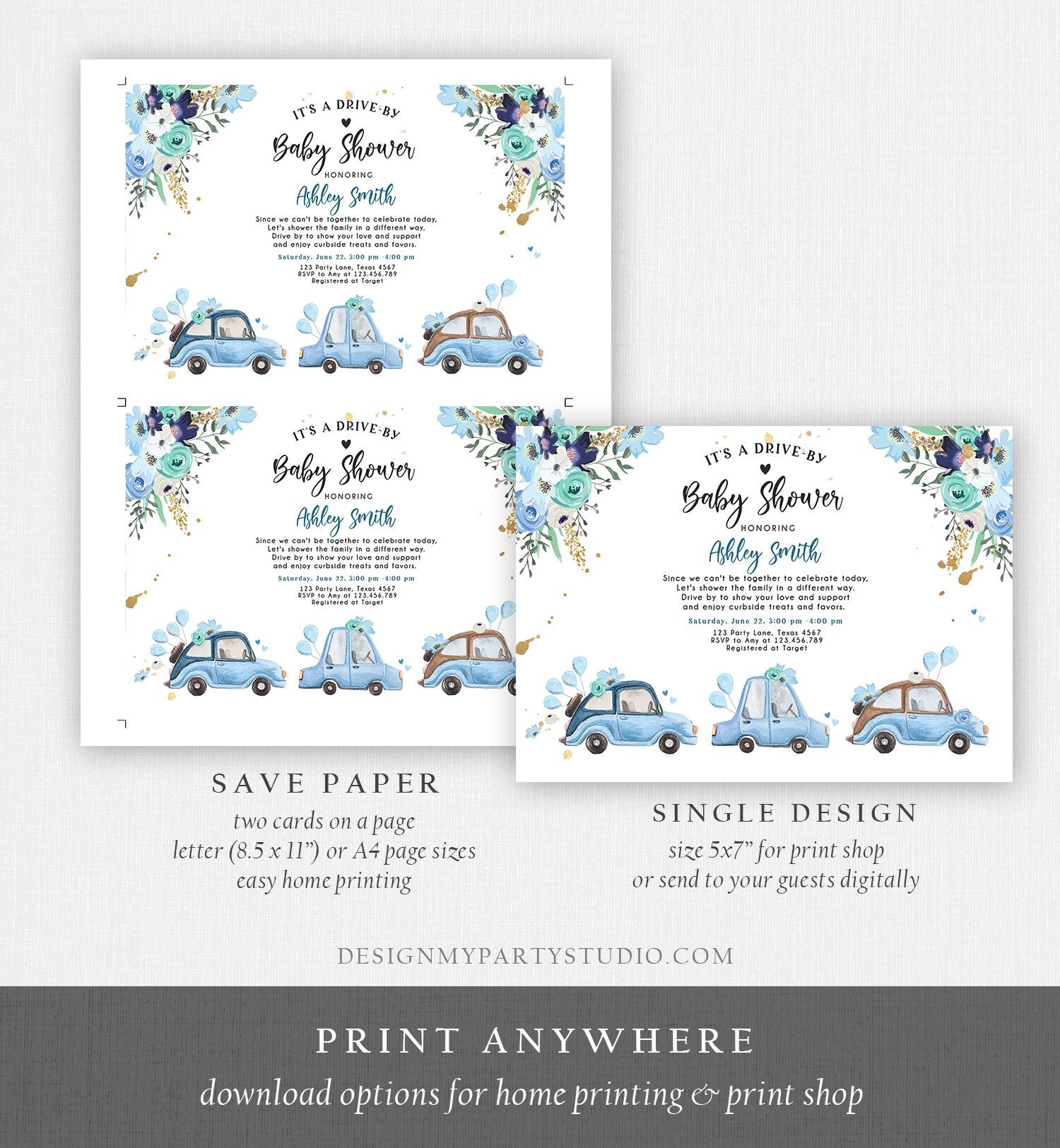 Editable Drive By Baby Shower Invitation Navy Blue Floral Boy Coed Shower Quarantine Drive Through Sprinkle Template Download Corjl 0335