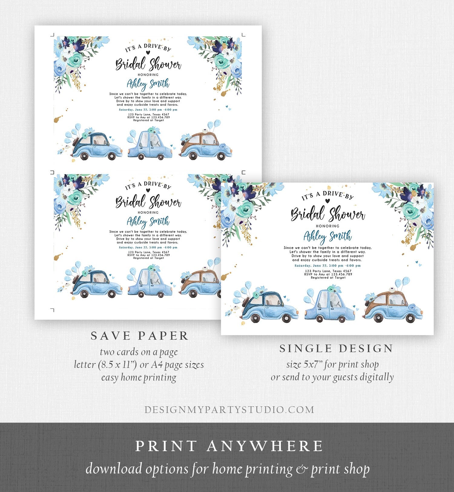 Editable Drive By Bridal Shower Invitation Navy Blue Floral Drive Through Couples Shower Social Distancing Bridal Shower Corjl Template 0335