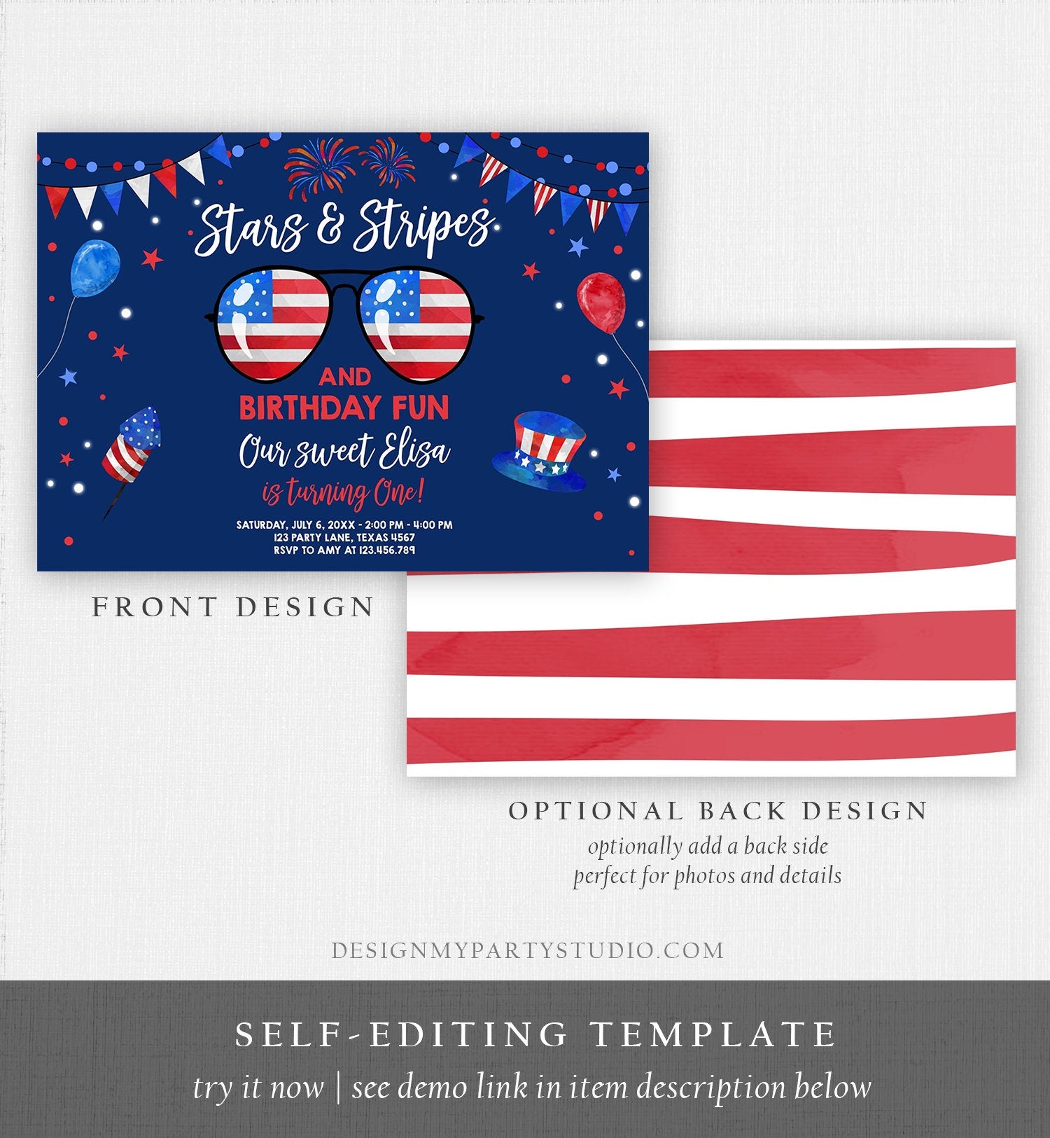 Editable Memorial Day Birthday Invitation 4th of July Little Firecracker Stars and Stripes Red White Blue Template Corjl Digital 0122