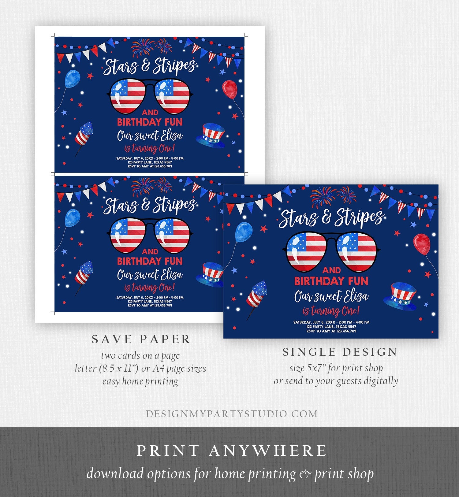 Editable Memorial Day Birthday Invitation 4th of July Little Firecracker Stars and Stripes Red White Blue Template Corjl Digital 0122