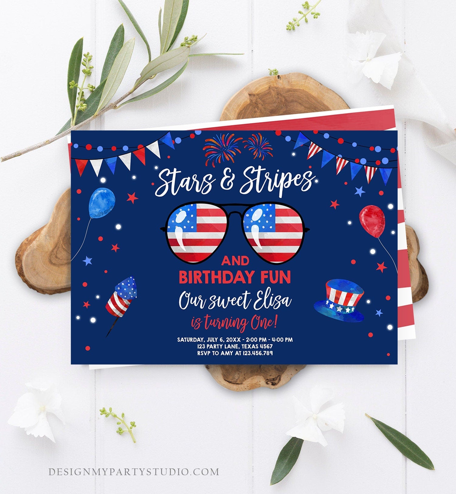 Editable Memorial Day Birthday Invitation 4th of July Little Firecracker Stars and Stripes Red White Blue Template Corjl Digital 0122