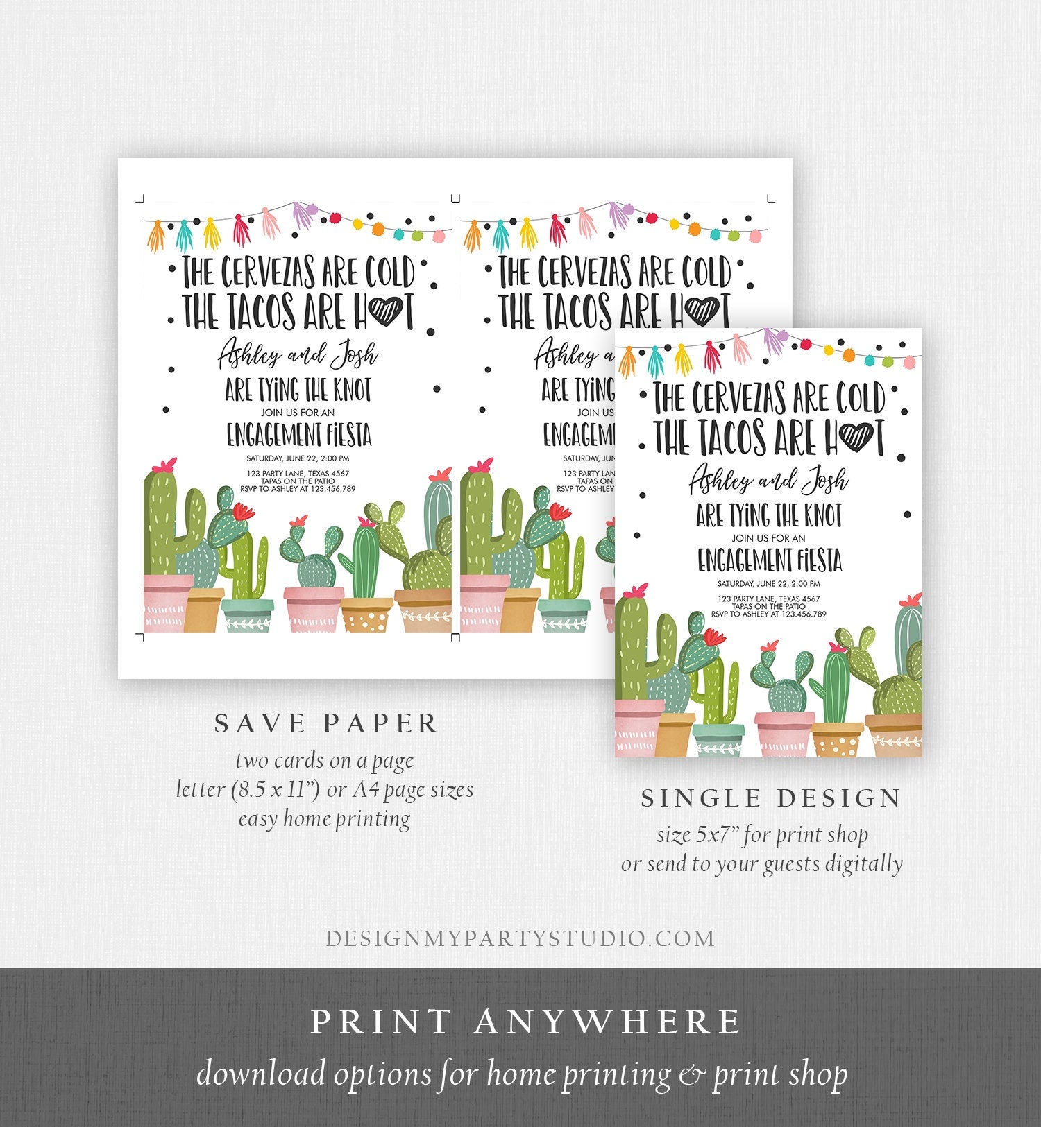 Editable Fiesta Engagement Invitation Bridal Shower Couples Shower Cactus Cervezas Cold Tacos Hot Tying Knot Printable Corjl Template 0254