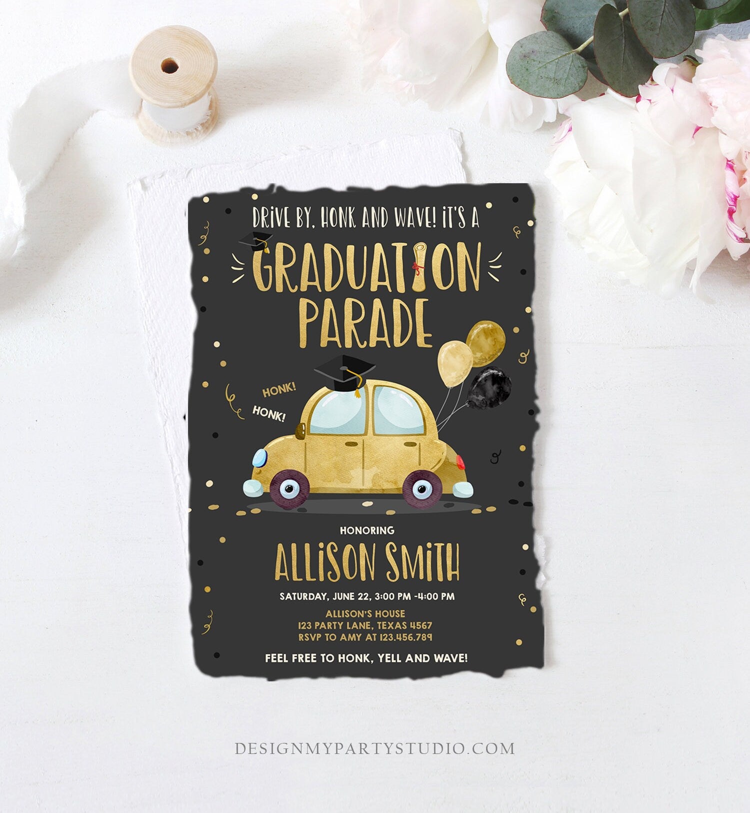 Editable Drive By Graduation Parade Invitation Drive Through Party Gold Girl Quarantine Graduate 2021 High School Grad Download Corjl 0337