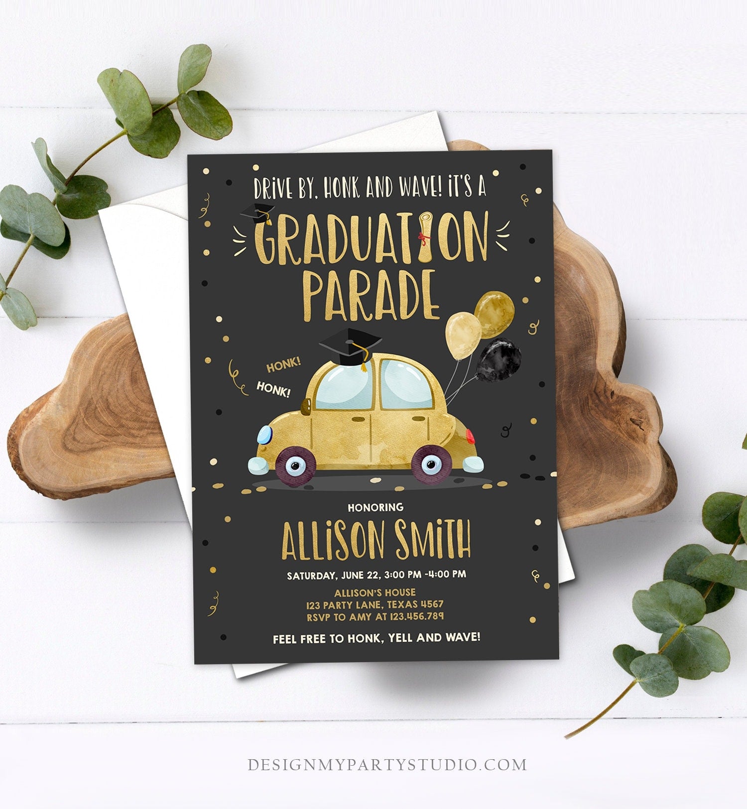 Editable Drive By Graduation Parade Invitation Drive Through Party Gold Girl Quarantine Graduate 2021 High School Grad Download Corjl 0337