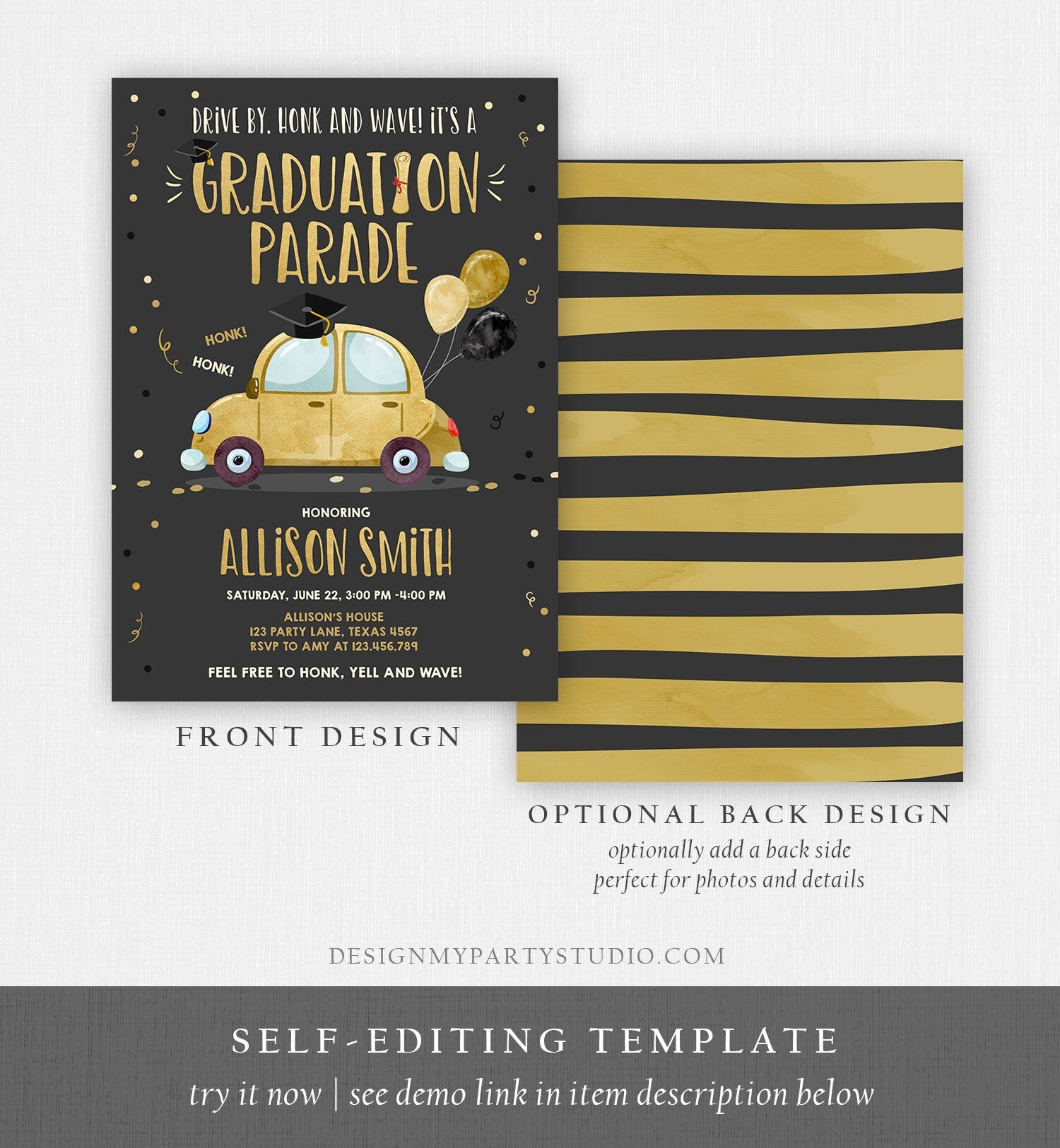 Editable Drive By Graduation Parade Invitation Drive Through Party Gold Girl Quarantine Graduate 2021 High School Grad Download Corjl 0337