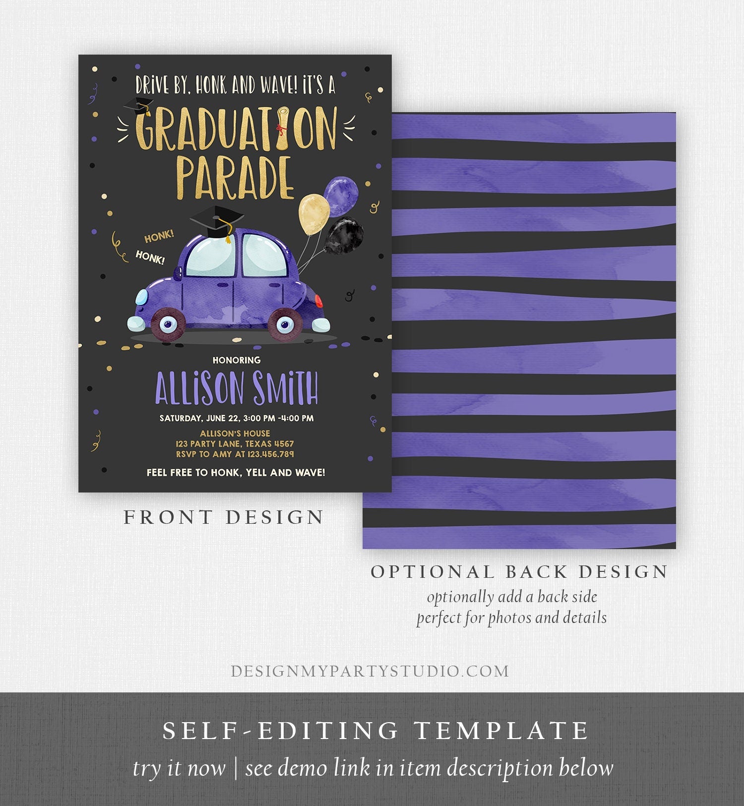 Editable Drive By Graduation Parade Invitation Drive Through Party Gold Blue Quarantine Graduate 2021 High School Grad Download Corjl 0337