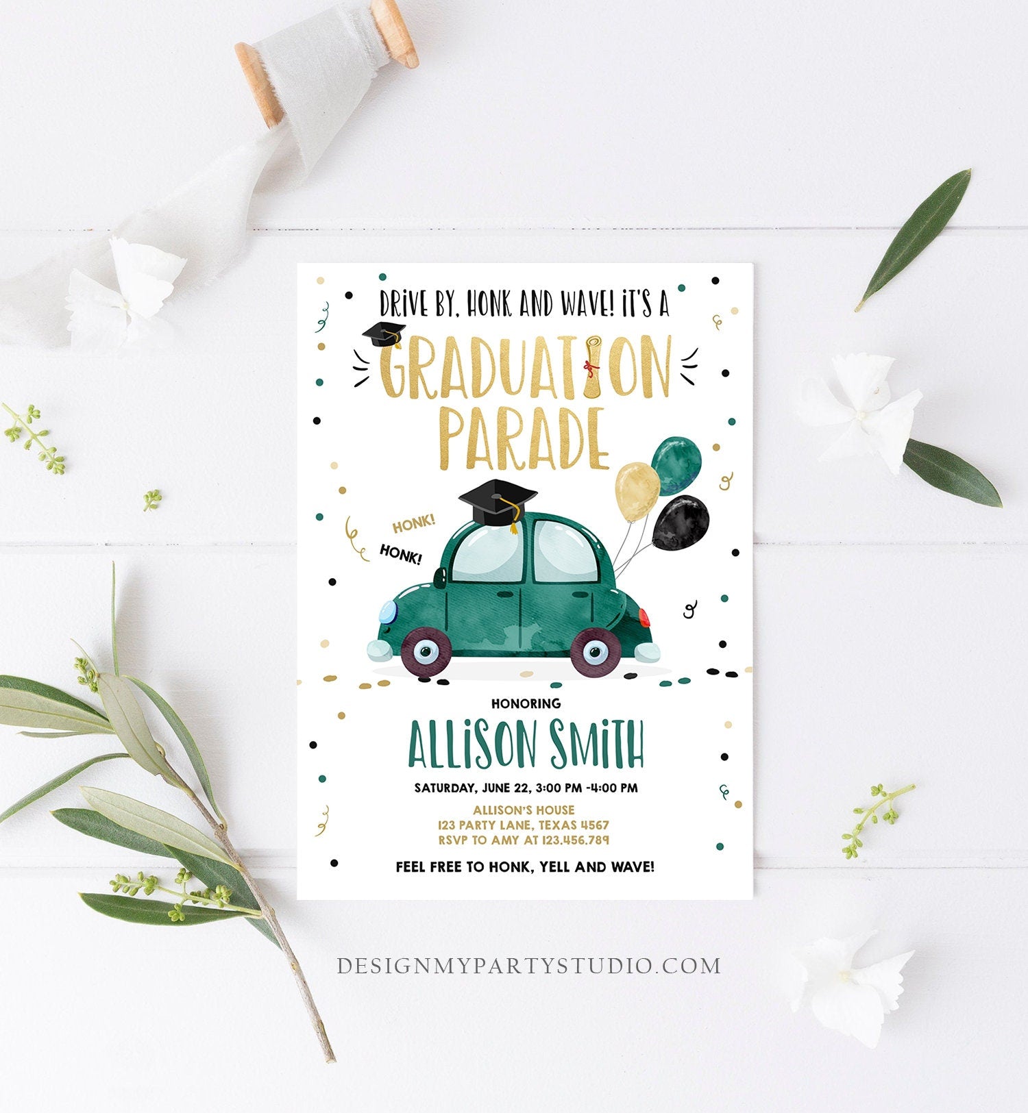 Editable Drive By Graduation Parade Invitation Drive Through Party Gold Green Quarantine Graduate 2021 High School Grad Download Corjl 0337