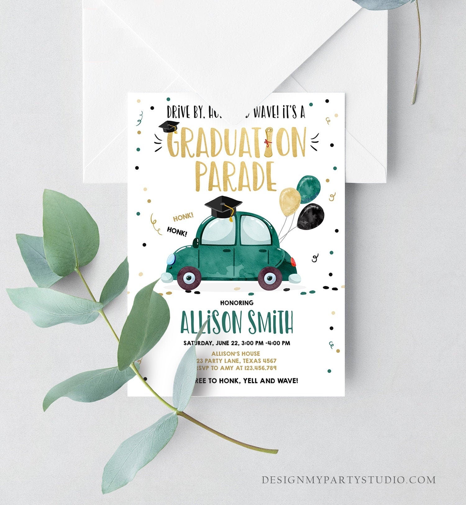 Editable Drive By Graduation Parade Invitation Drive Through Party Gold Green Quarantine Graduate 2021 High School Grad Download Corjl 0337