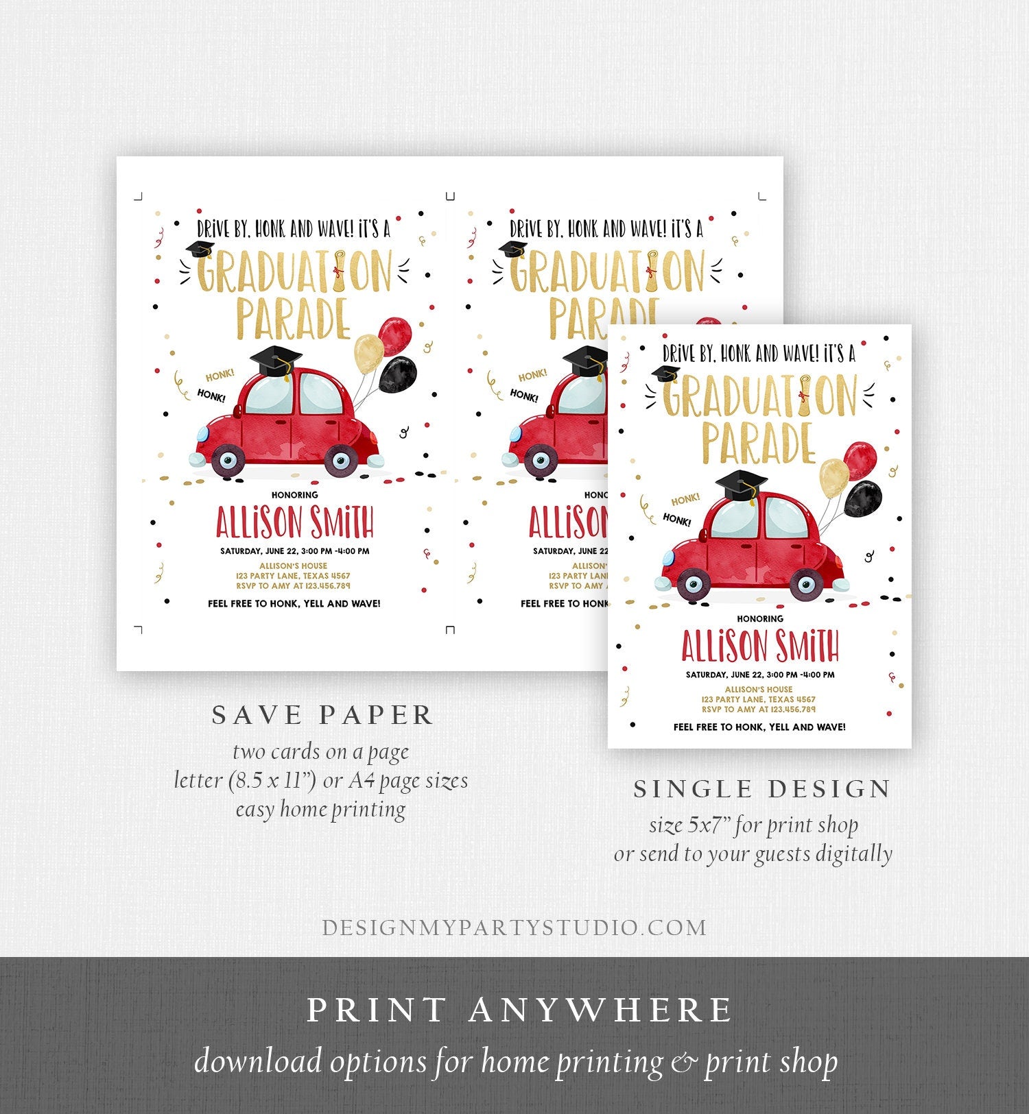 Editable Drive By Graduation Parade Invitation Drive Through Party Gold Red Quarantine Graduate 2021 High School Grad Download Corjl 0337