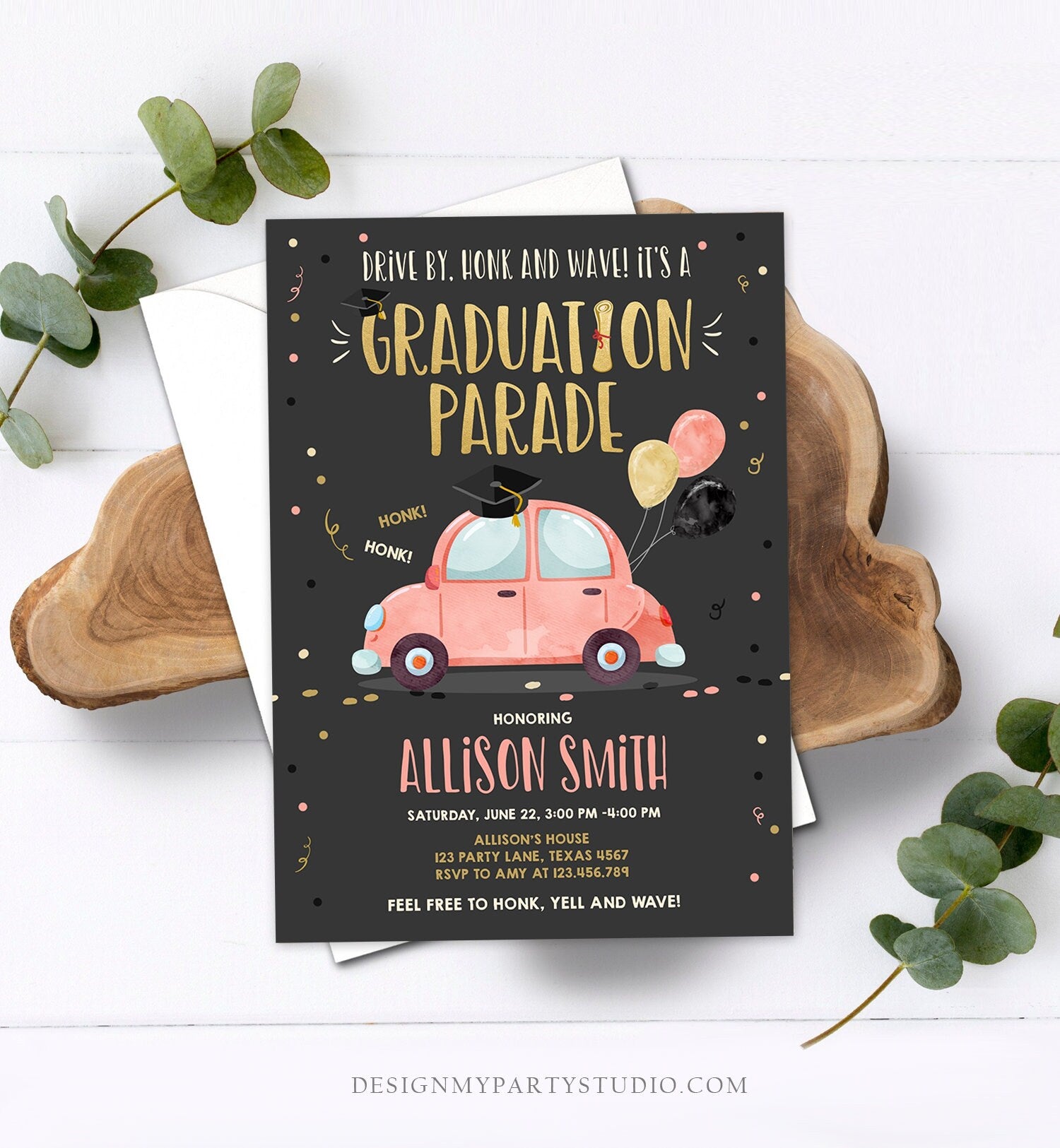 Editable Drive By Graduation Parade Invitation Drive Through Party Gold Coral Quarantine Graduate 2021 High School Grad Download Corjl 0337