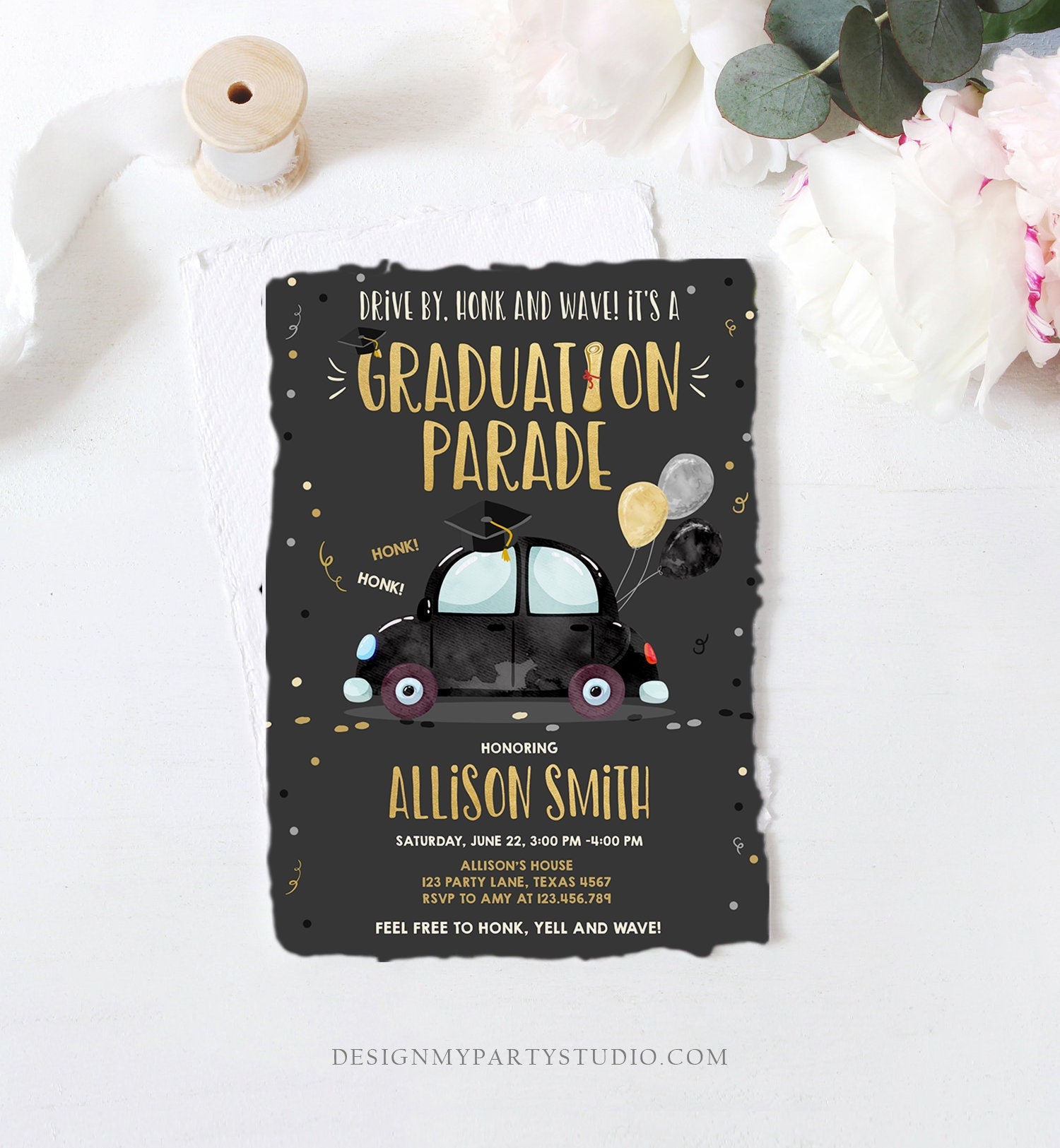 Editable Drive By Graduation Parade Invitation Drive Through Party Gold BlackQuarantine Graduate 2021 High School Grad Download Corjl 0337