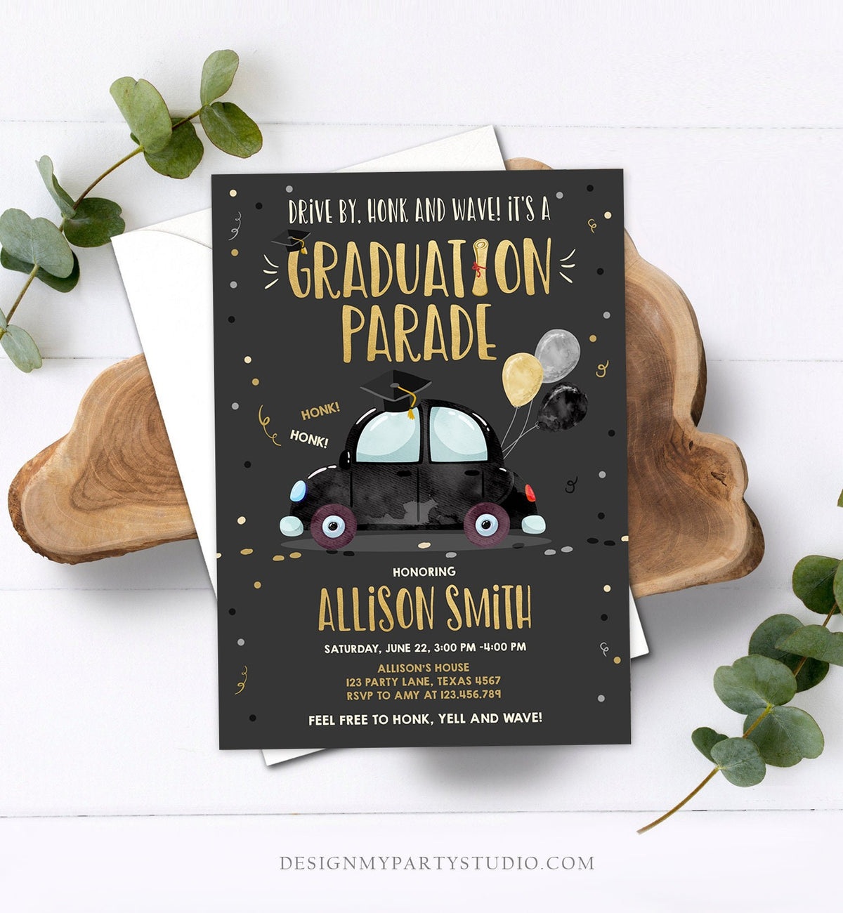 Editable Drive By Graduation Parade Invitation Drive Through Party Gold BlackQuarantine Graduate 2021 High School Grad Download Corjl 0337