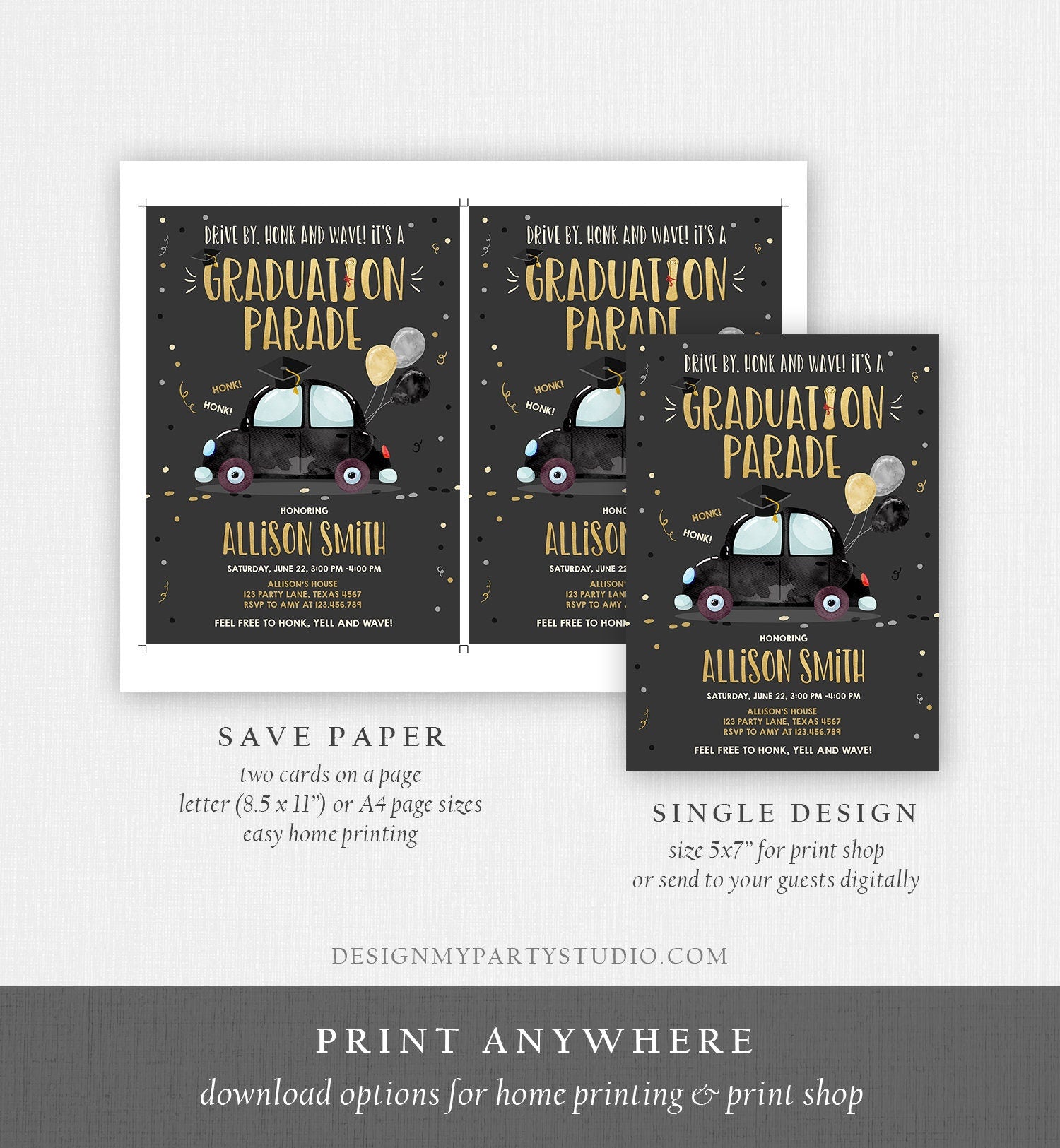 Editable Drive By Graduation Parade Invitation Drive Through Party Gold BlackQuarantine Graduate 2021 High School Grad Download Corjl 0337