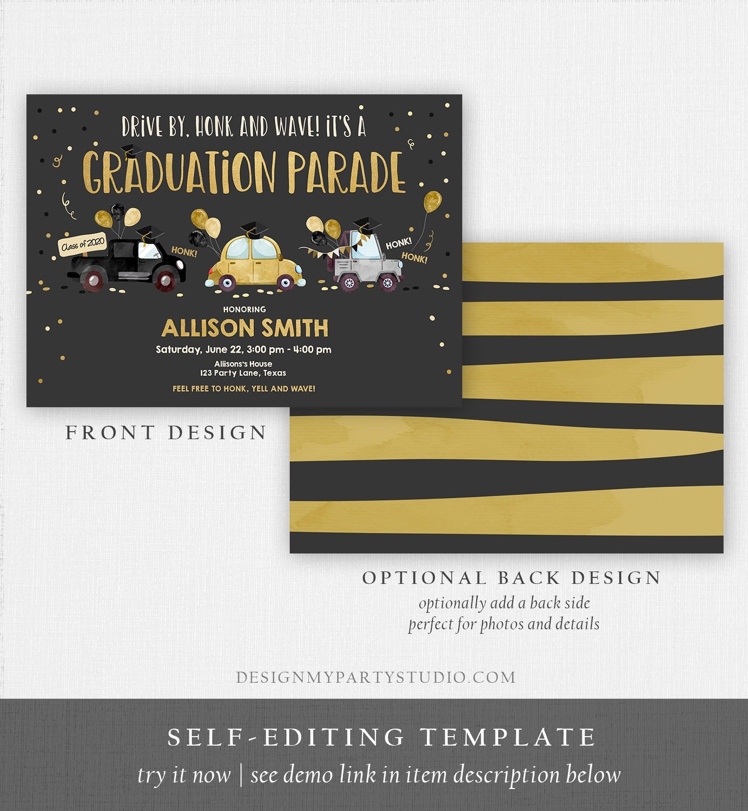 Editable Drive By Graduation Parade Invitation Drive Through Party Gold Girl Quarantine Graduate 2021 High School Grad Download Corjl 0337