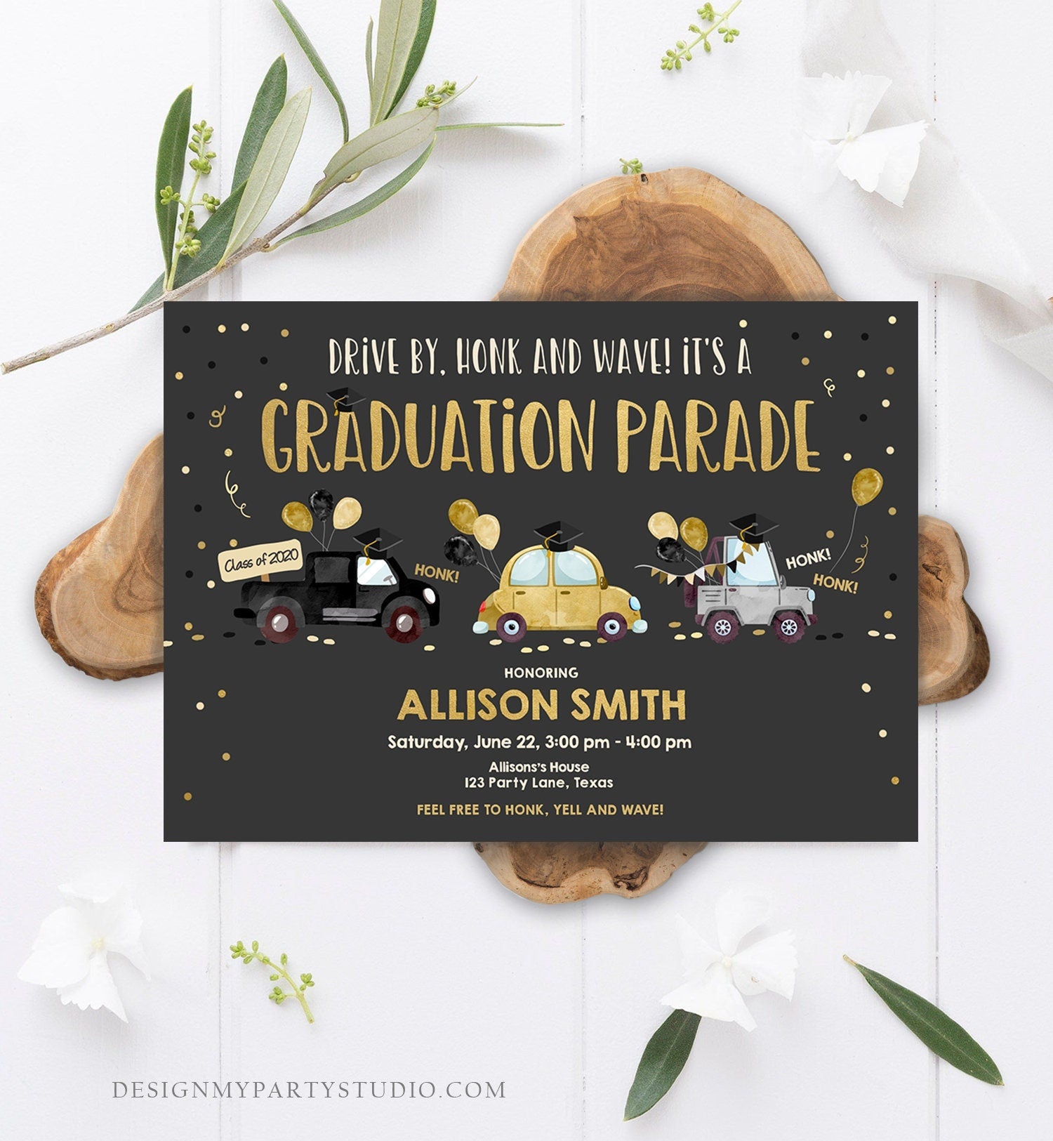 Editable Drive By Graduation Parade Invitation Drive Through Party Gold Girl Quarantine Graduate 2021 High School Grad Download Corjl 0337