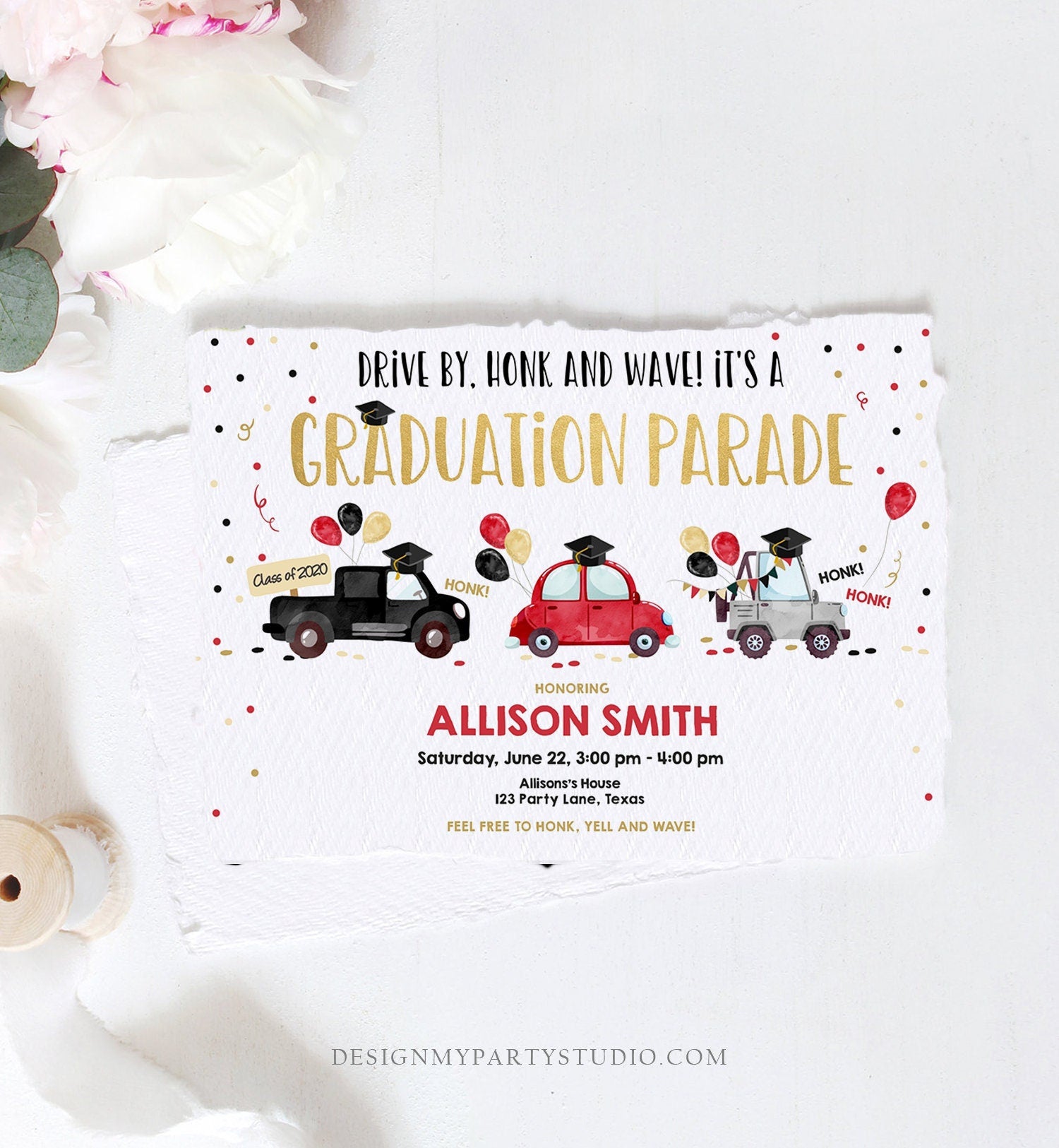 Editable Drive By Graduation Parade Invitation Drive Through Party Red Gold Quarantine Graduate 2021 High School Grad Download Corjl 0337