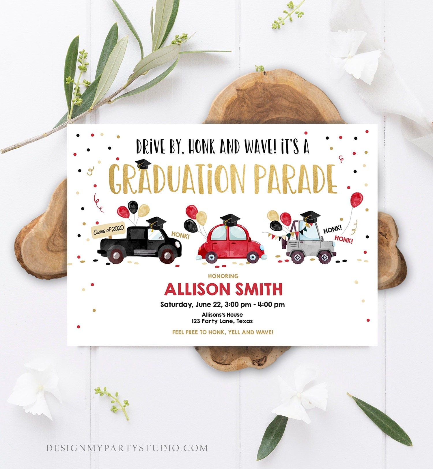 Editable Drive By Graduation Parade Invitation Drive Through Party Red Gold Quarantine Graduate 2021 High School Grad Download Corjl 0337