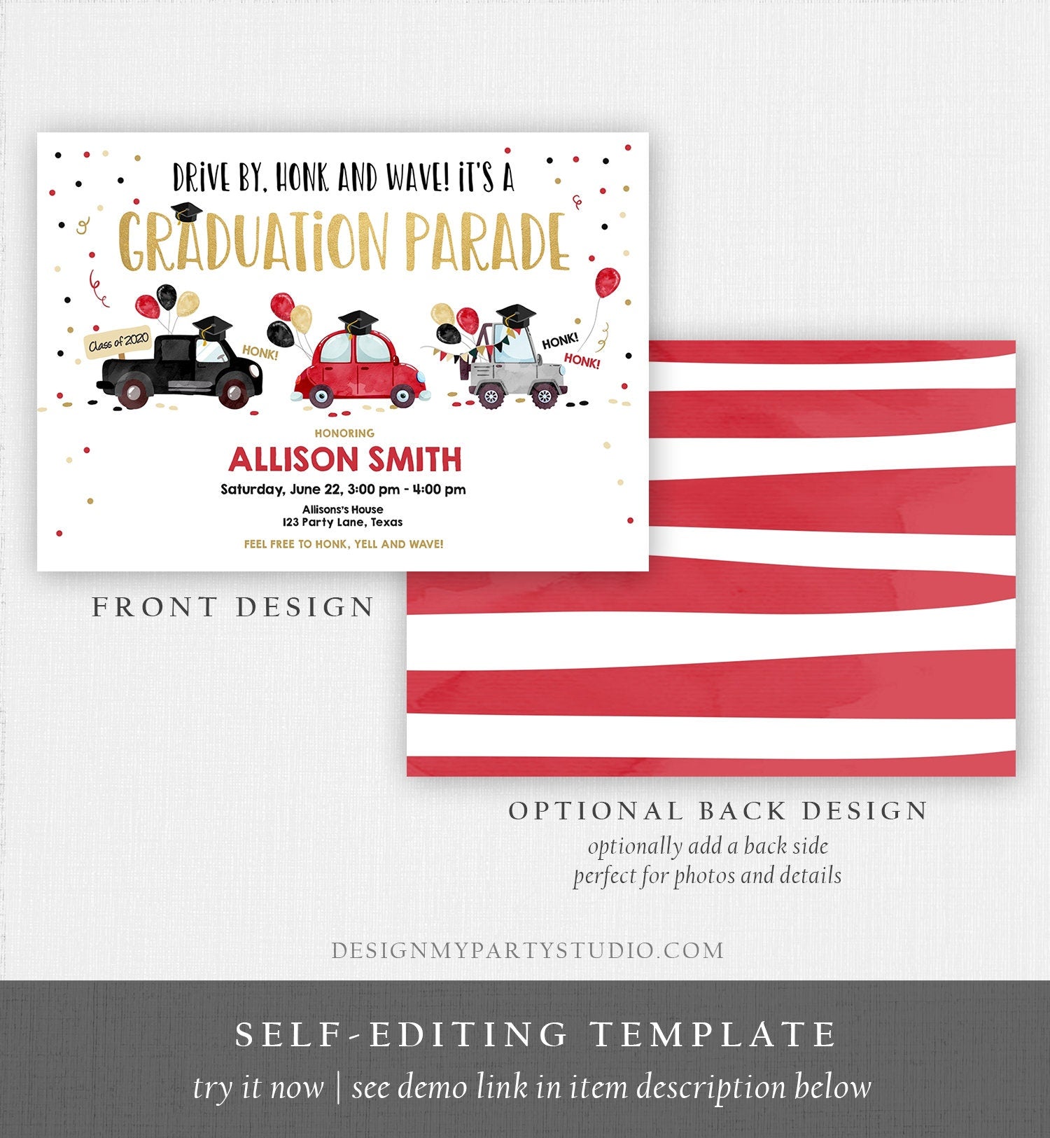 Editable Drive By Graduation Parade Invitation Drive Through Party Red Gold Quarantine Graduate 2021 High School Grad Download Corjl 0337