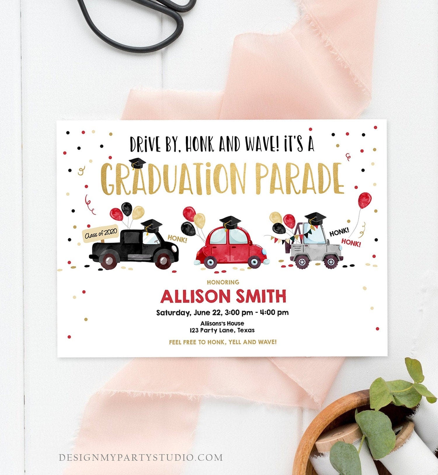 Editable Drive By Graduation Parade Invitation Drive Through Party Red Gold Quarantine Graduate 2021 High School Grad Download Corjl 0337