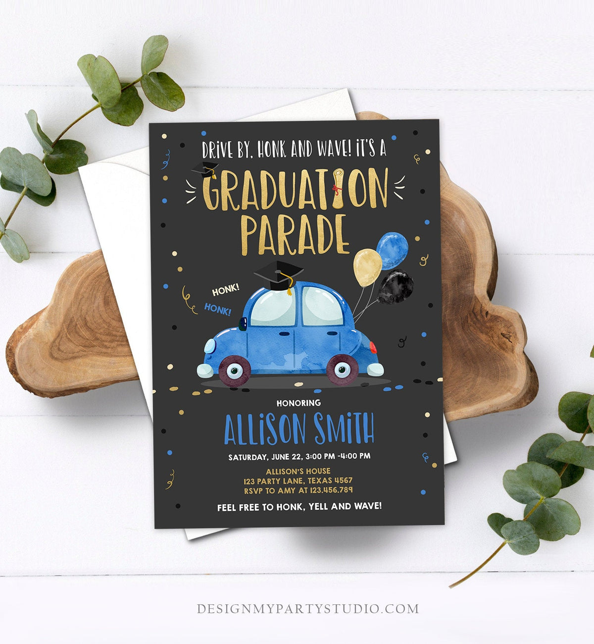 Editable Drive By Graduation Parade Invitation Drive Through Party Blue Gold Quarantine Graduate 2020 High School Grad Download Corjl 0337