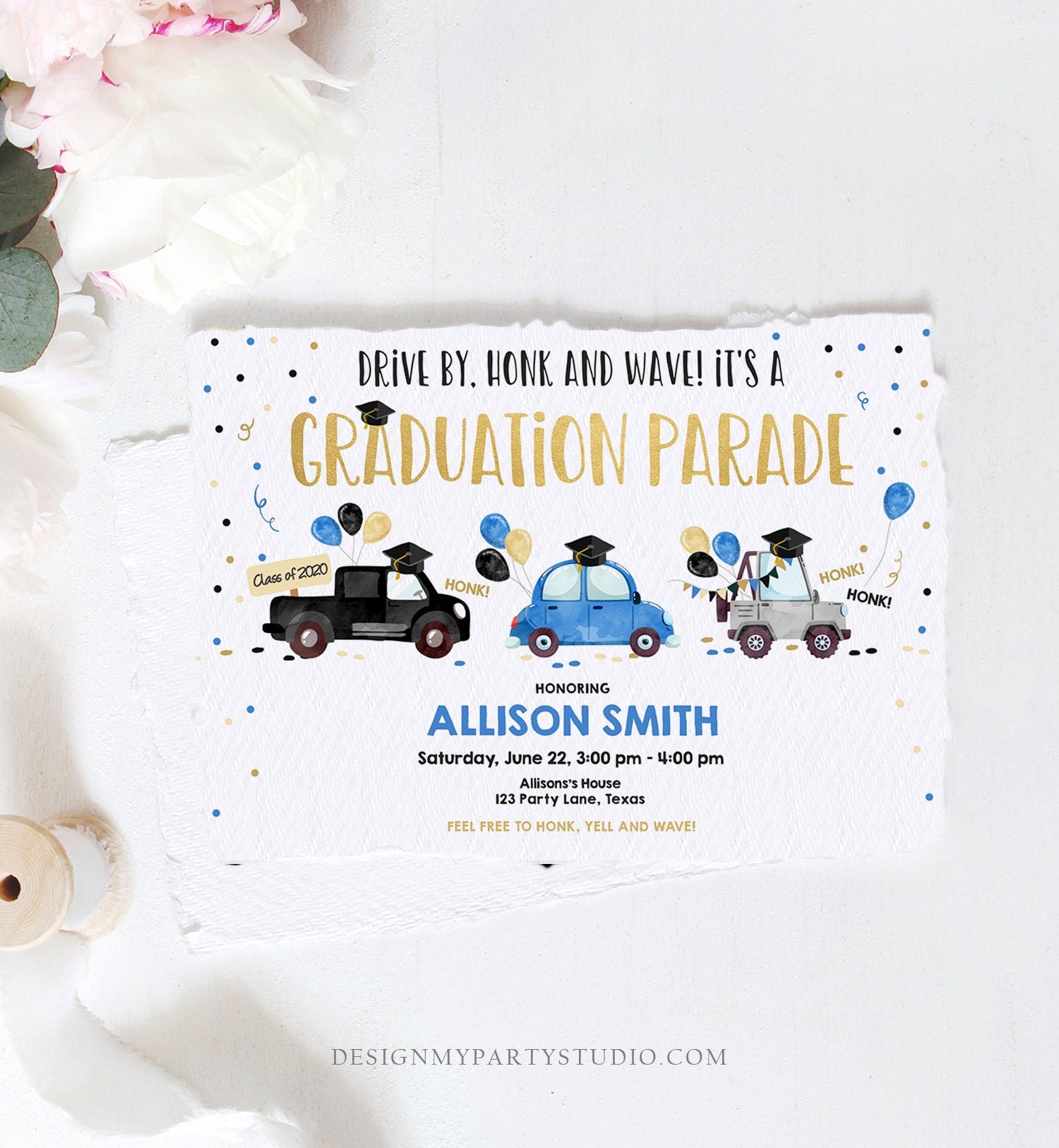 Editable Drive By Graduation Parade Invitation Drive Through Party Blue Gold Quarantine Graduate 2021 High School Grad Download Corjl 0337