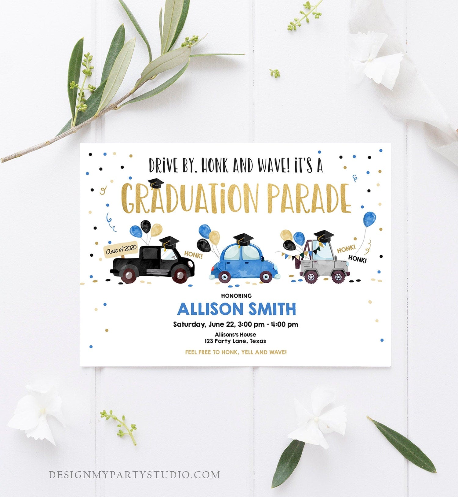 Editable Drive By Graduation Parade Invitation Drive Through Party Blue Gold Quarantine Graduate 2021 High School Grad Download Corjl 0337