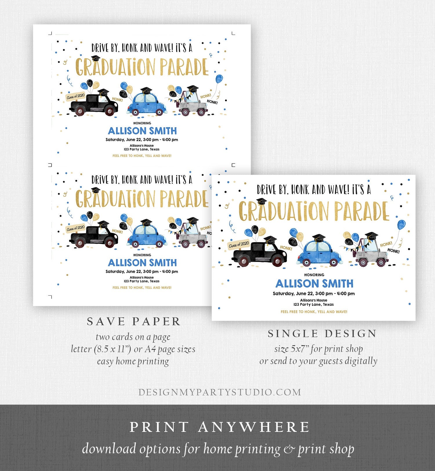 Editable Drive By Graduation Parade Invitation Drive Through Party Blue Gold Quarantine Graduate 2021 High School Grad Download Corjl 0337