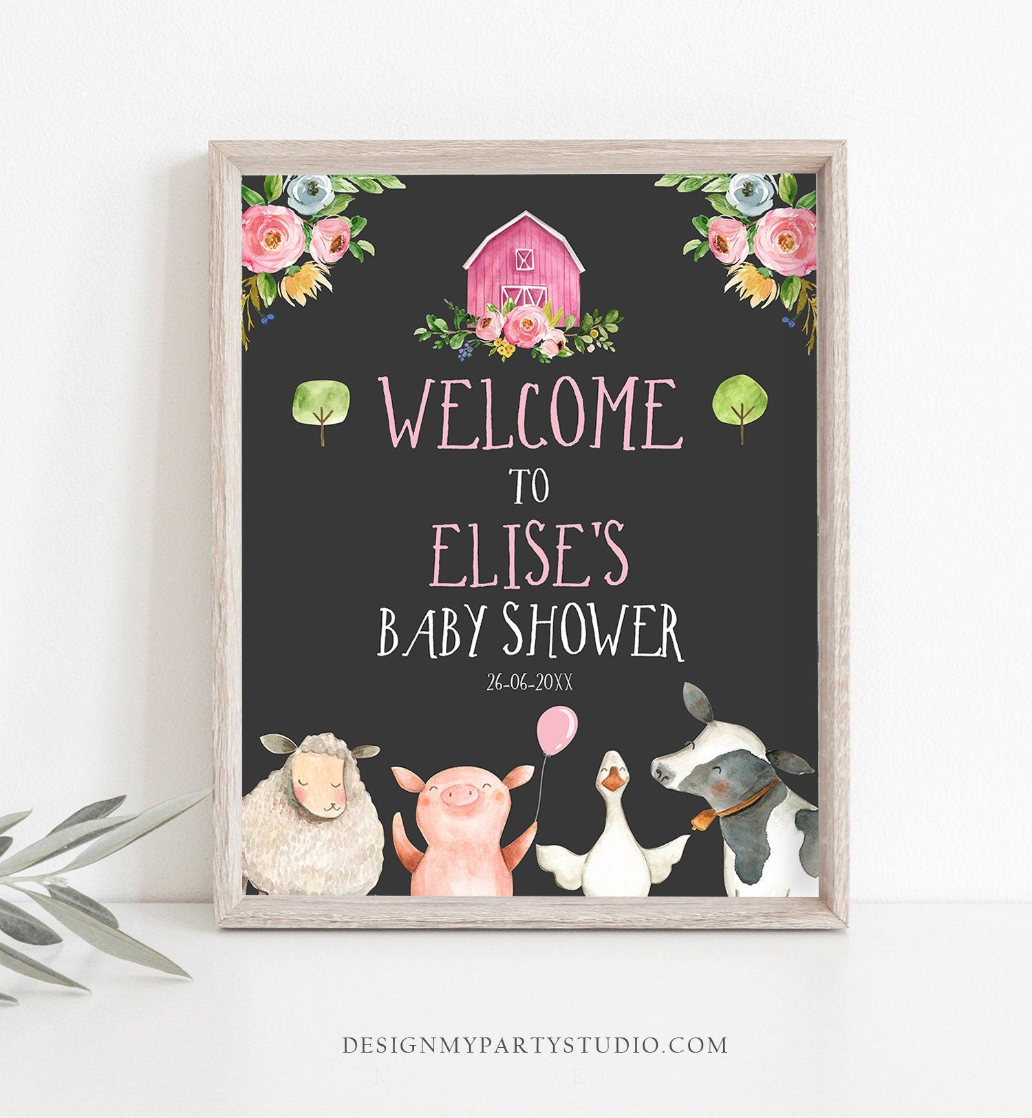 Editable Farm Baby Shower Welcome Sign Girl Barnyard Birthday Welcome Sign Farm Animals Birthday Welcome Girl Template Corjl PRINTABLE 0155