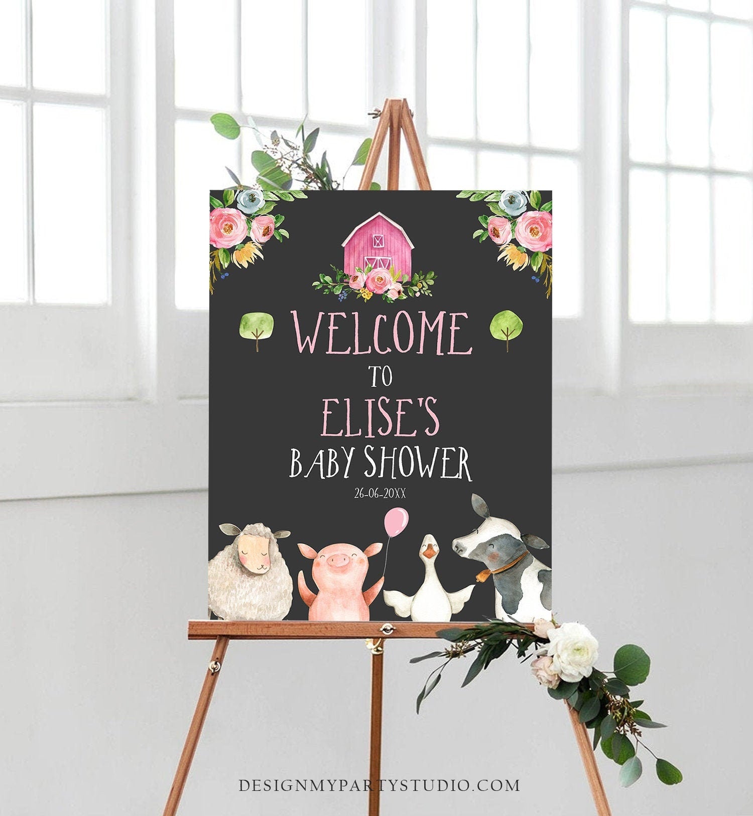 Editable Farm Baby Shower Welcome Sign Girl Barnyard Birthday Welcome Sign Farm Animals Birthday Welcome Girl Template Corjl PRINTABLE 0155