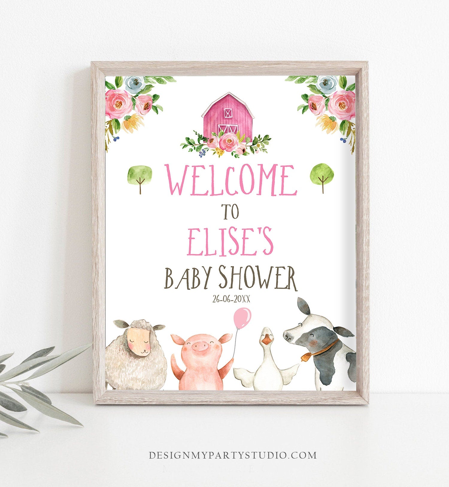 Editable Farm Baby Shower Welcome Sign Girl Barnyard Birthday Welcome Sign Farm Animals Birthday Welcome Girl Template Corjl PRINTABLE 0155