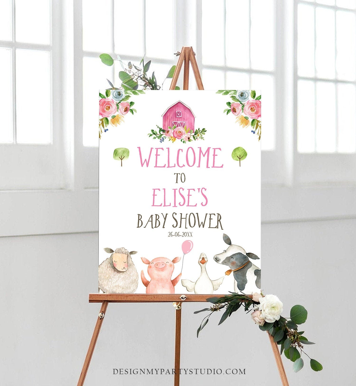 Editable Farm Baby Shower Welcome Sign Girl Barnyard Birthday Welcome Sign Farm Animals Birthday Welcome Girl Template Corjl PRINTABLE 0155