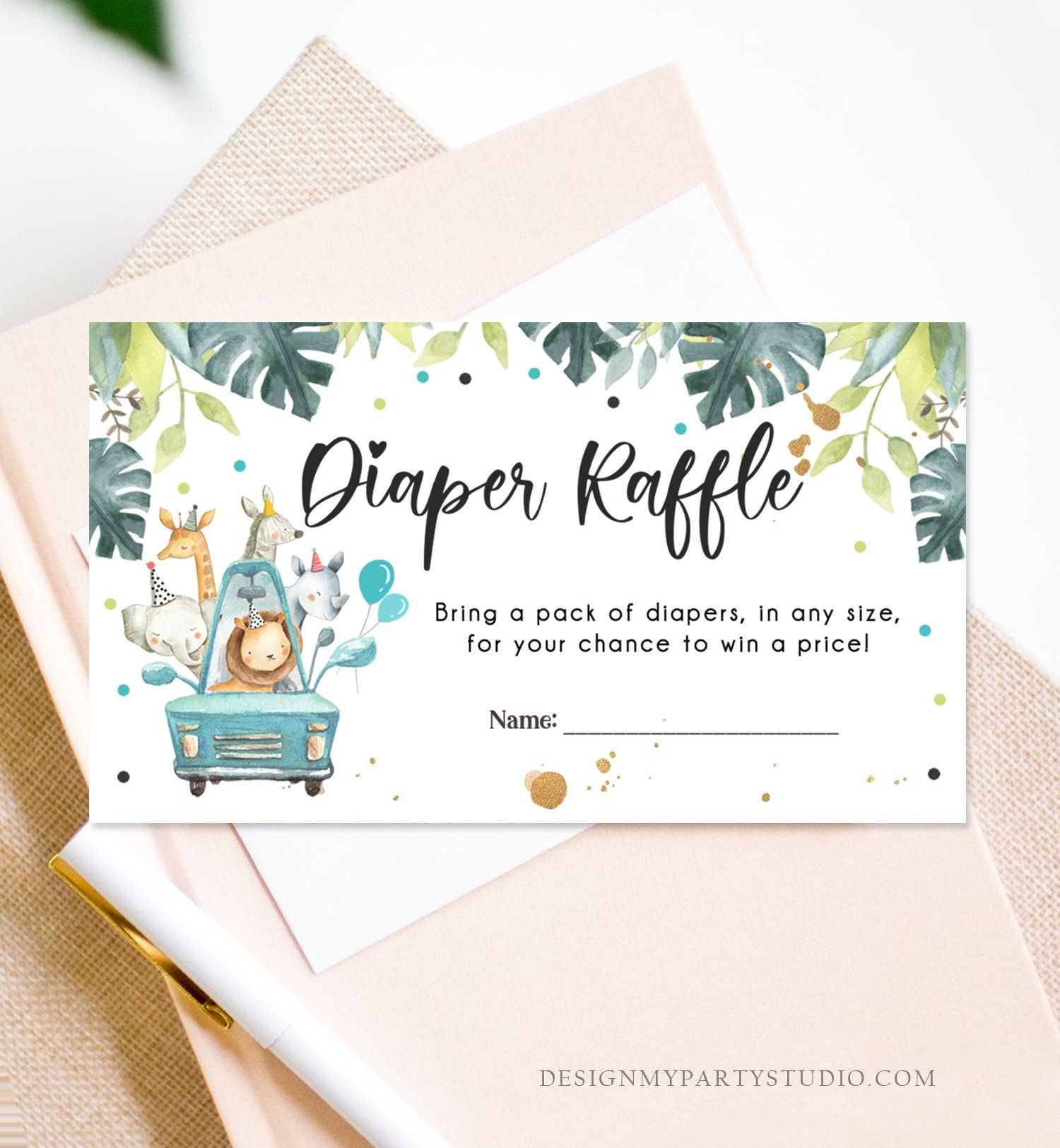 Editable Drive By Diaper Raffle Ticket Baby Shower Safari Animals Blue Floral Boy Drive Through Diaper Game Ticket Corjl Template 0345