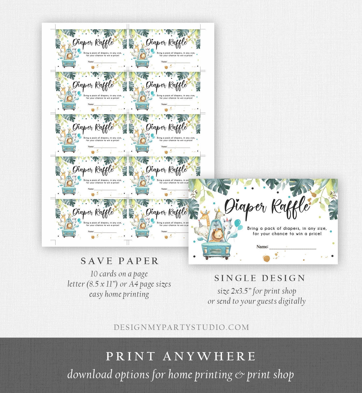 Editable Drive By Diaper Raffle Ticket Baby Shower Safari Animals Blue Floral Boy Drive Through Diaper Game Ticket Corjl Template 0345