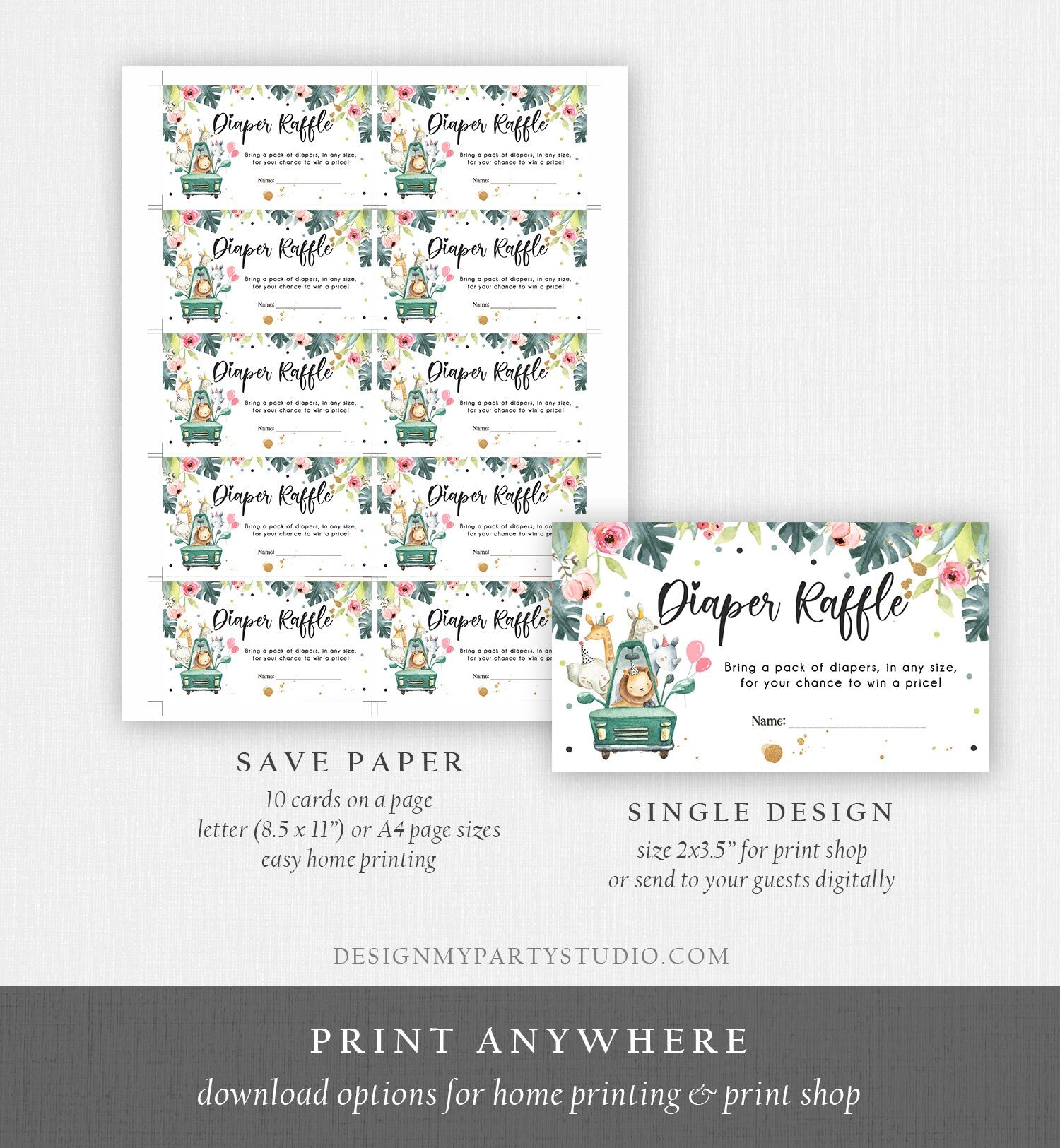 Editable Drive By Diaper Raffle Ticket Baby Shower Safari Animals Pink Floral Girl Drive Through Diaper Game Ticket Corjl Template 0345