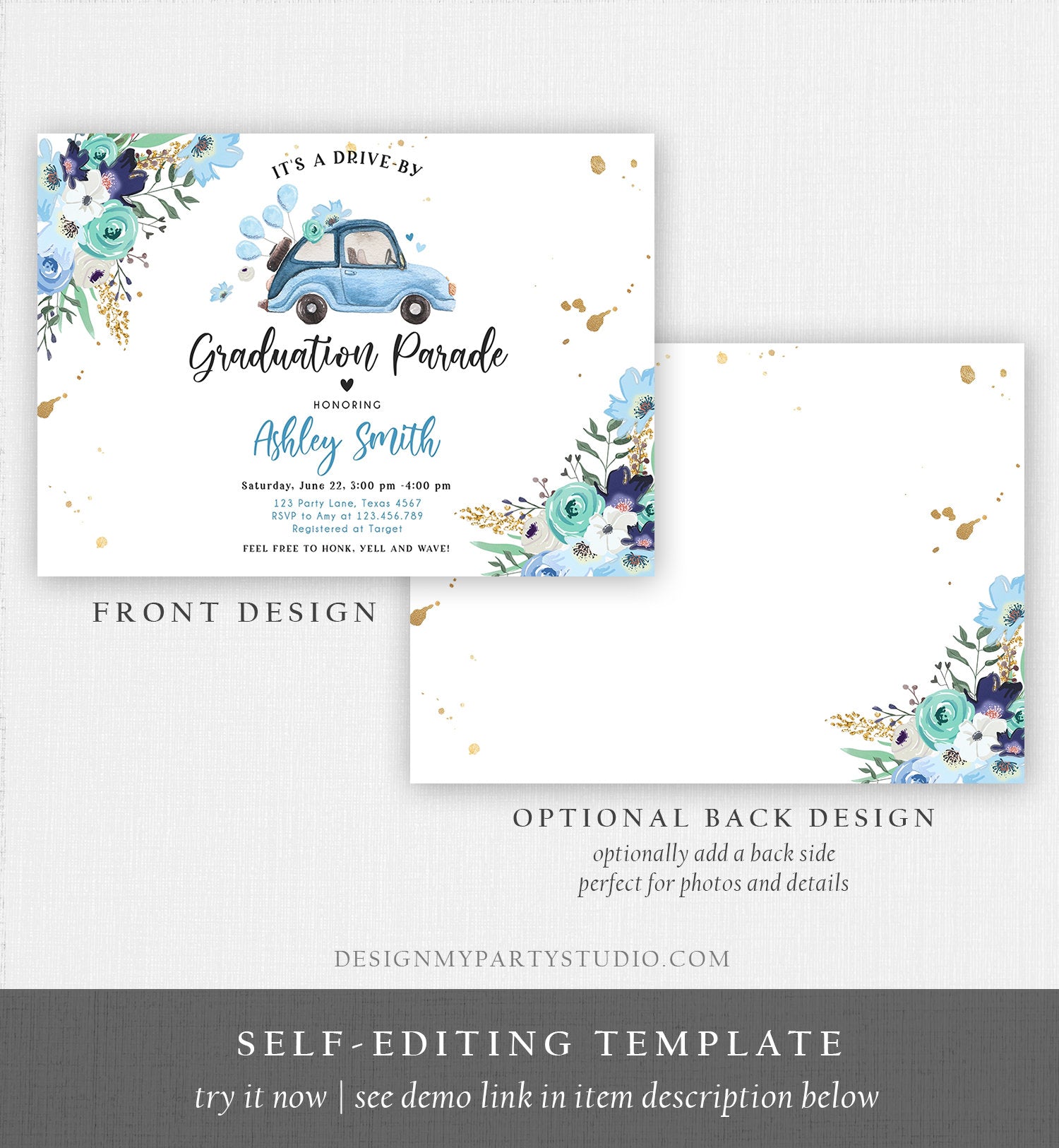 Editable Drive By Graduation Parade Invitation Drive Through Gold Blue Floral Girl Graduate School Grad Class 2020 Quarantine Corjl 0335