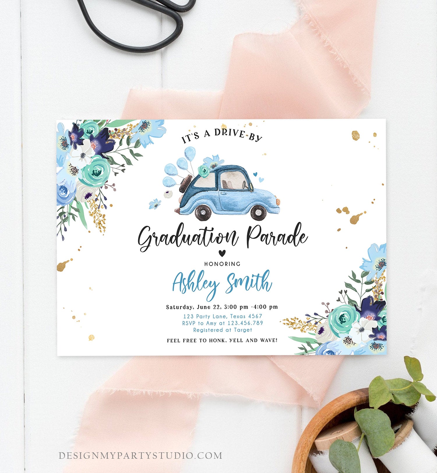 Editable Drive By Graduation Parade Invitation Drive Through Gold Blue Floral Girl Graduate School Grad Class 2020 Quarantine Corjl 0335