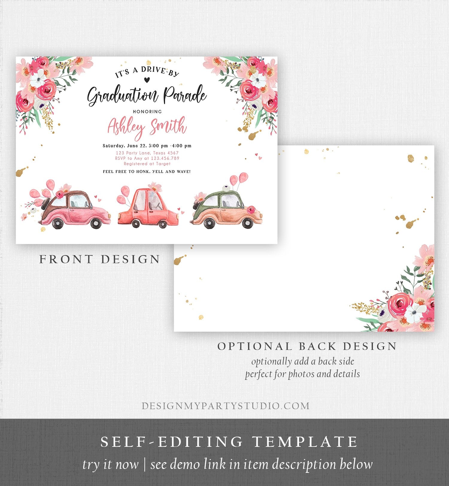 Editable Drive By Graduation Parade Invitation Drive Through Gold Pink Floral Girl Graduate School Grad Class 2020 Quarantine Corjl 0335