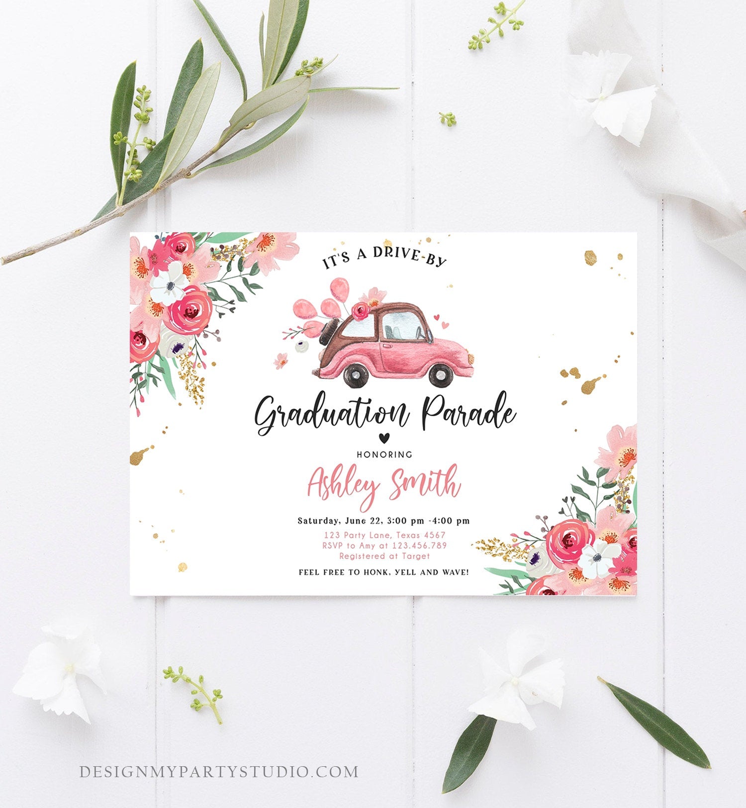 Editable Drive By Graduation Parade Invitation Drive Through Gold Pink Floral Girl Graduate School Grad Class 2020 Quarantine Corjl 0335