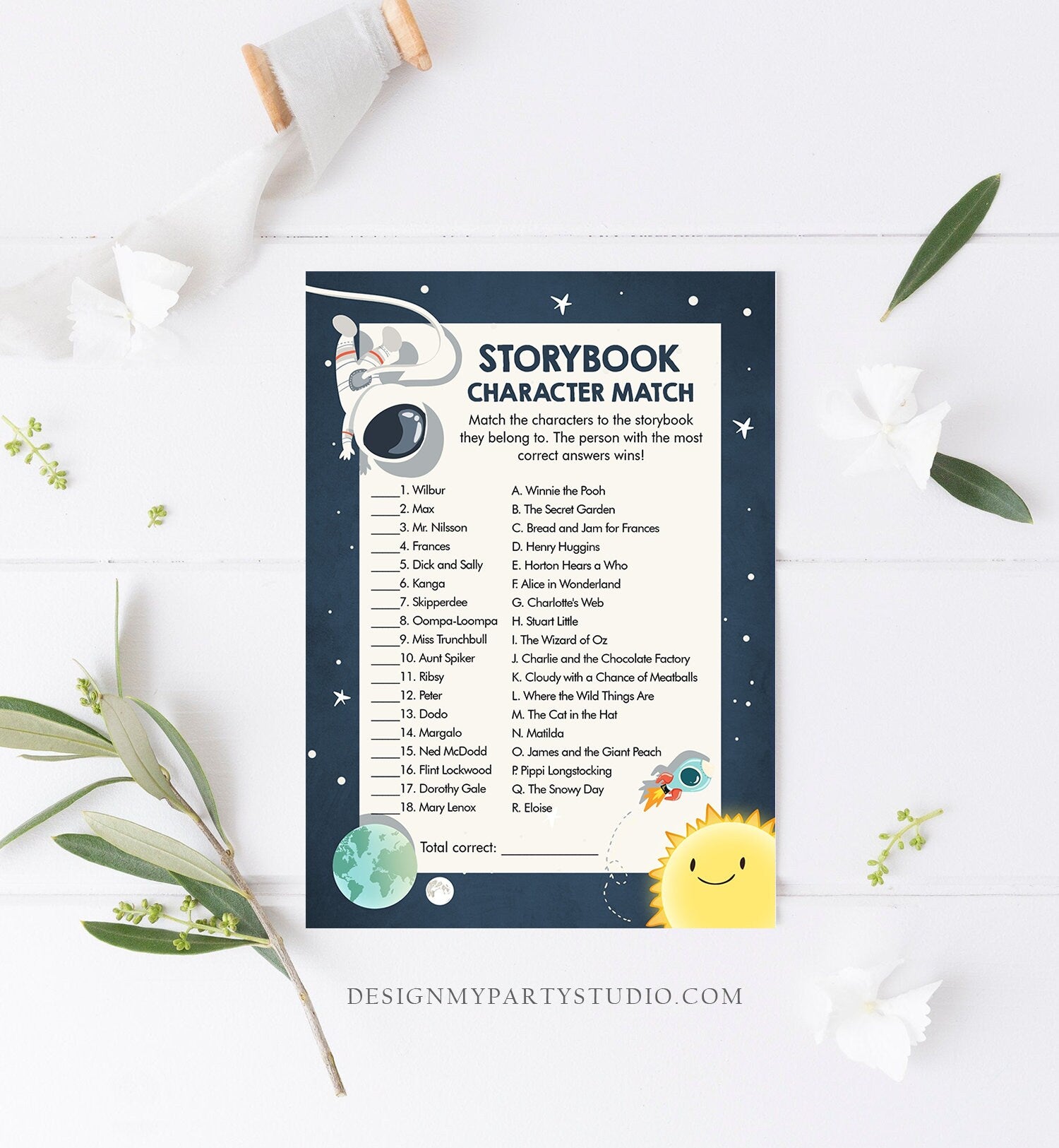 Editable Storybook Character Match Baby Shower Game Space Baby Shower Activity Astronaut Gender Neutral Corjl Template Printable 0046