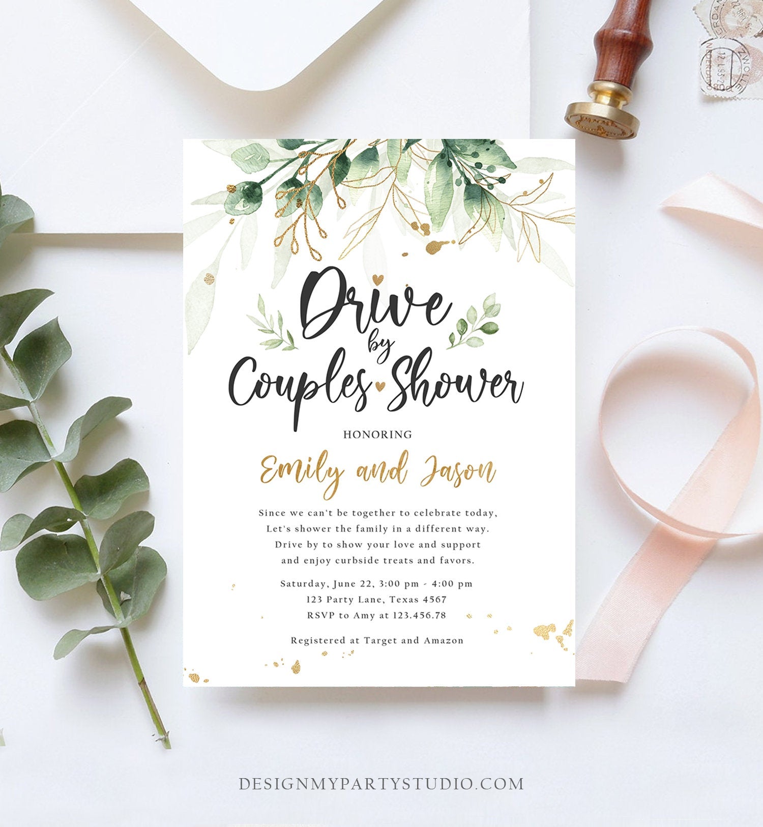 Editable Drive By Couples Shower Invitation Drive Through Social Distancing Gold Floral Greenery Bridal Coed Shower Corjl Template 0168