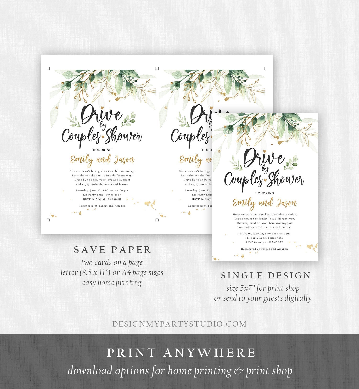 Editable Drive By Couples Shower Invitation Drive Through Social Distancing Gold Floral Greenery Bridal Coed Shower Corjl Template 0168