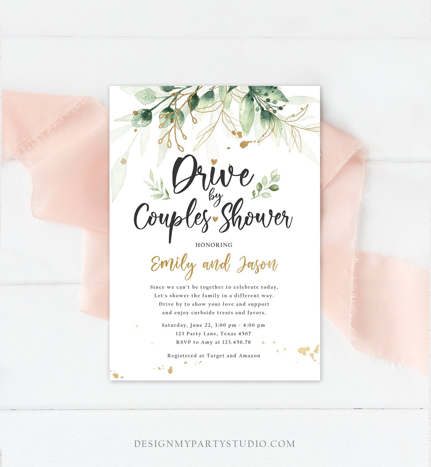 Editable Drive By Couples Shower Invitation Drive Through Social Distancing Gold Floral Greenery Bridal Coed Shower Corjl Template 0168