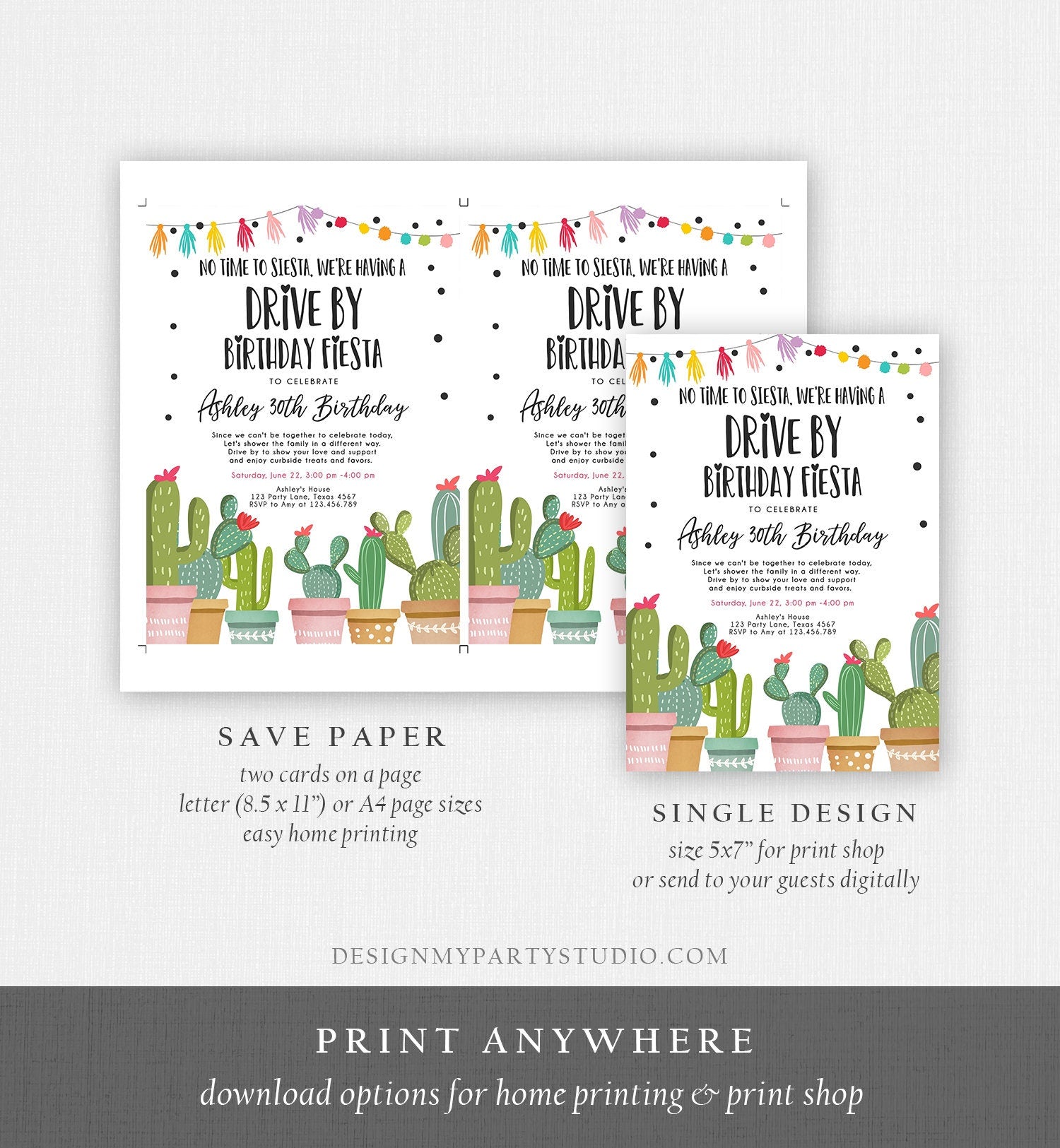 Editable Drive By Birthday Fiesta Invitation Cactus No Time to Siesta Party 30th 40th 50th Drive Through Quarantine  Corjl Template 0254