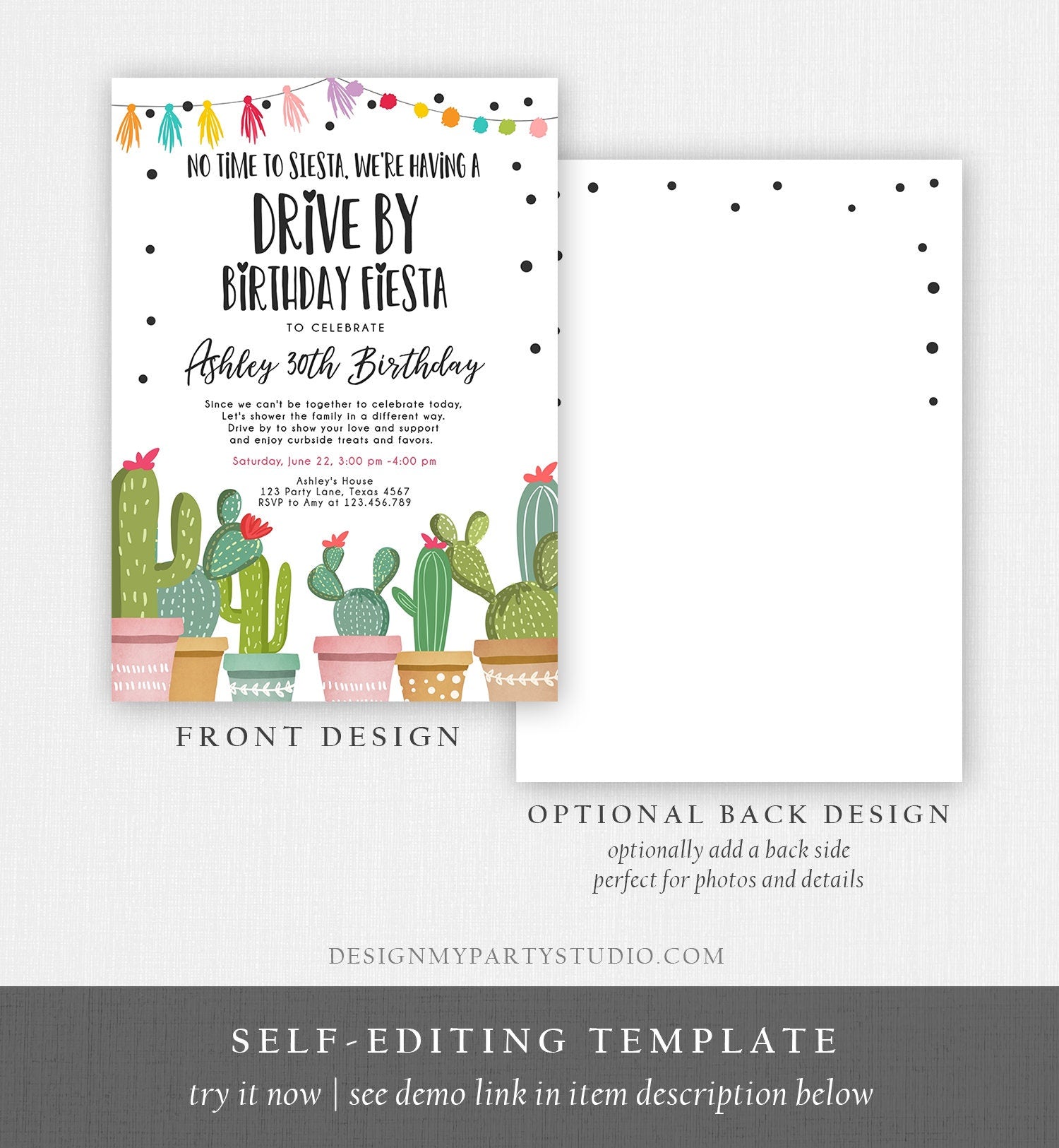 Editable Drive By Birthday Fiesta Invitation Cactus No Time to Siesta Party 30th 40th 50th Drive Through Quarantine  Corjl Template 0254