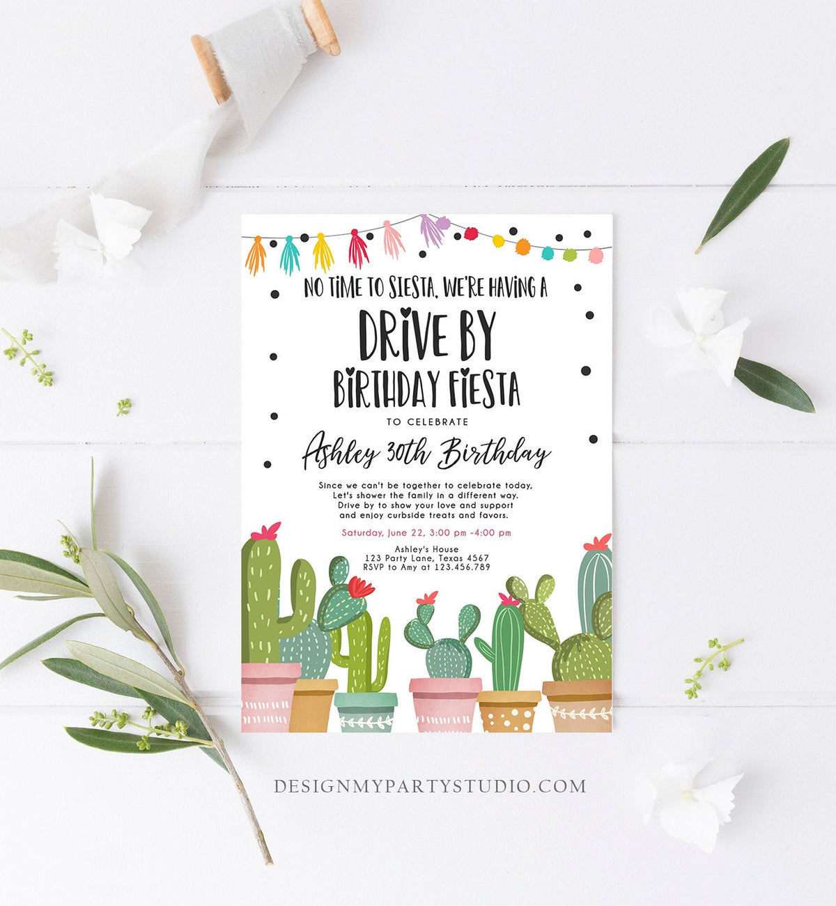 Editable Drive By Birthday Fiesta Invitation Cactus No Time to Siesta Party 30th 40th 50th Drive Through Quarantine  Corjl Template 0254