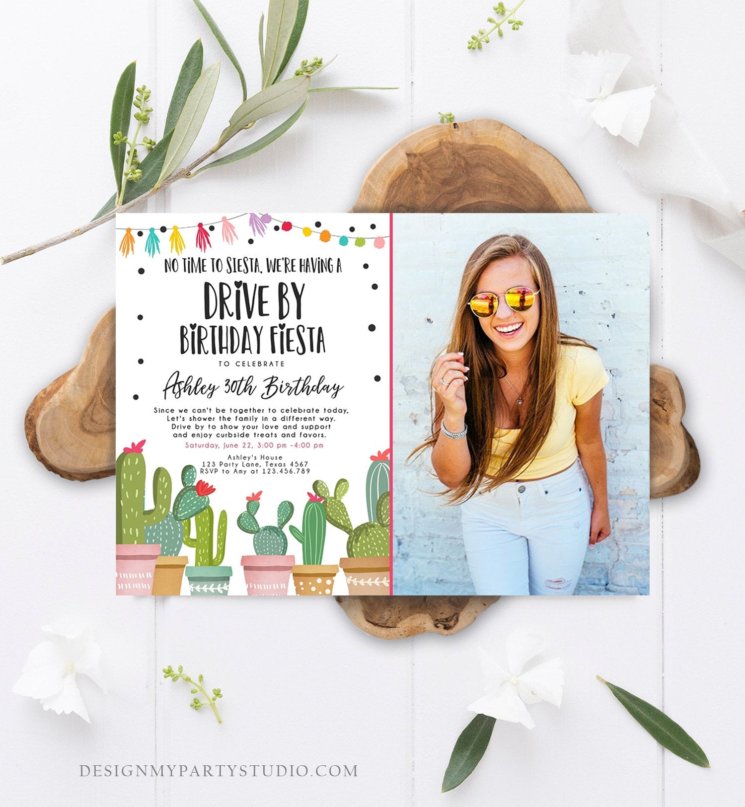 Editable Drive By Birthday Fiesta Invitation Cactus No Time to Siesta Party 30th 40th 50th Drive Through Quarantine  Corjl Template 0254