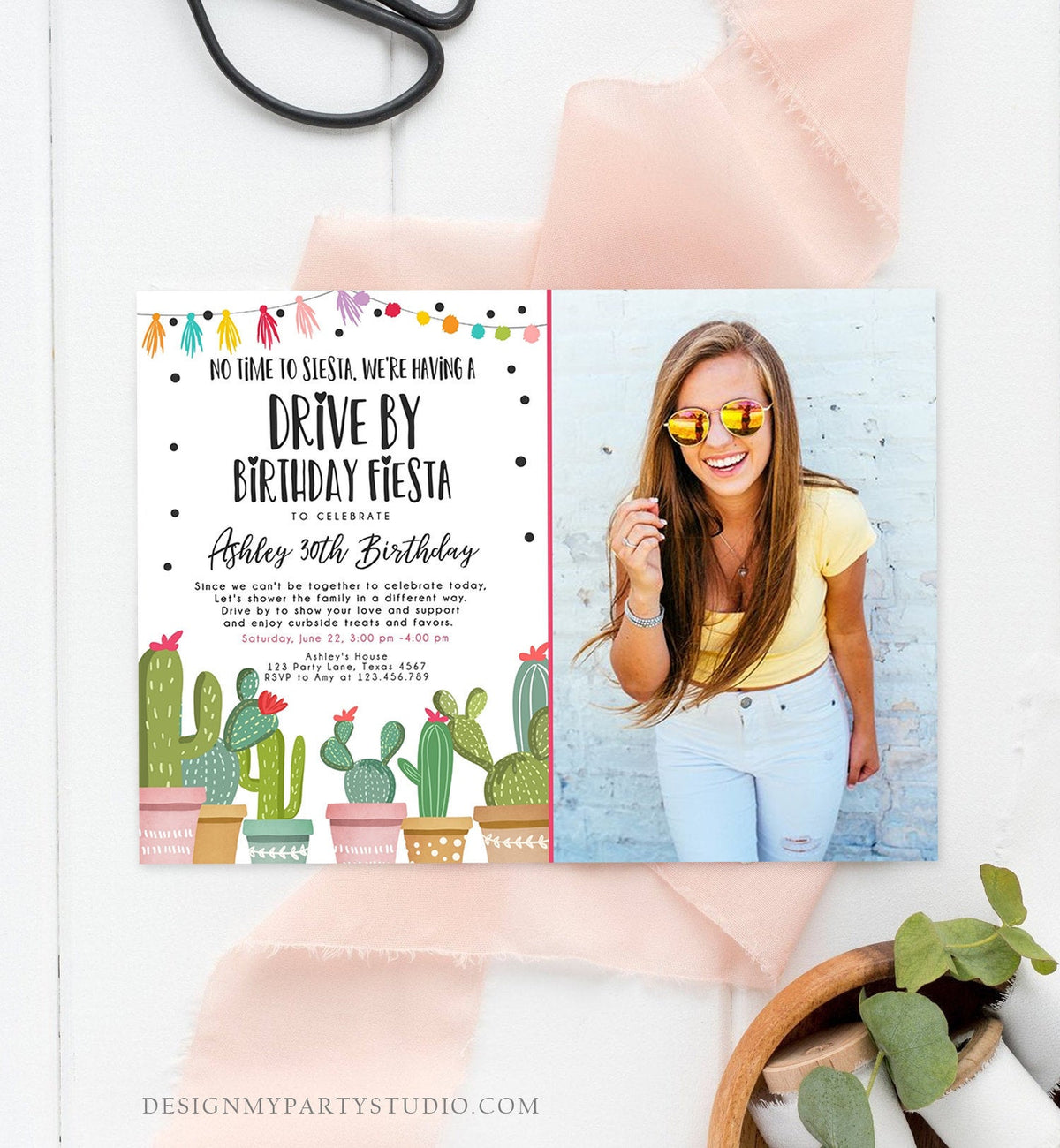 Editable Drive By Birthday Fiesta Invitation Cactus No Time to Siesta Party 30th 40th 50th Drive Through Quarantine  Corjl Template 0254